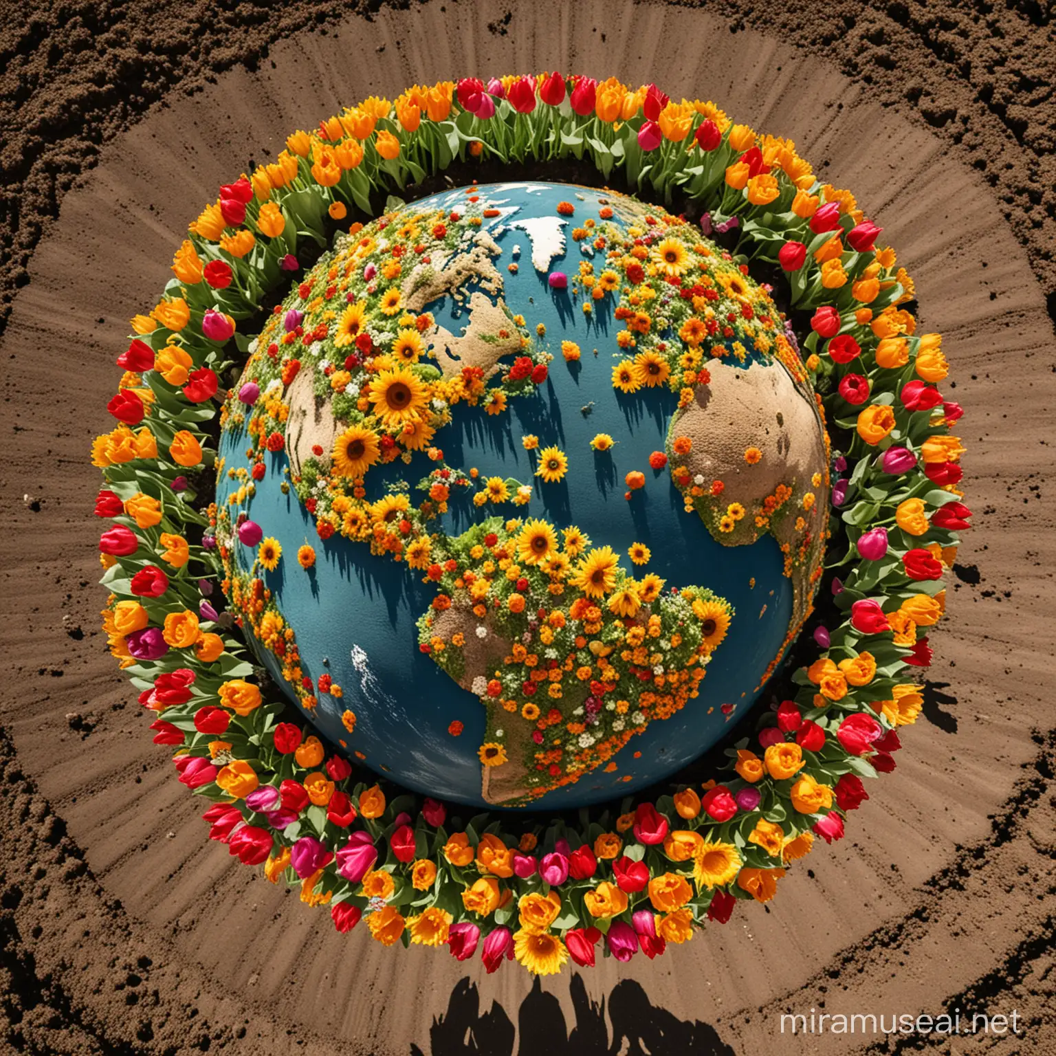 big earth in the middle, surrounded my sunflowers and tulips attached on earth. earth is planet