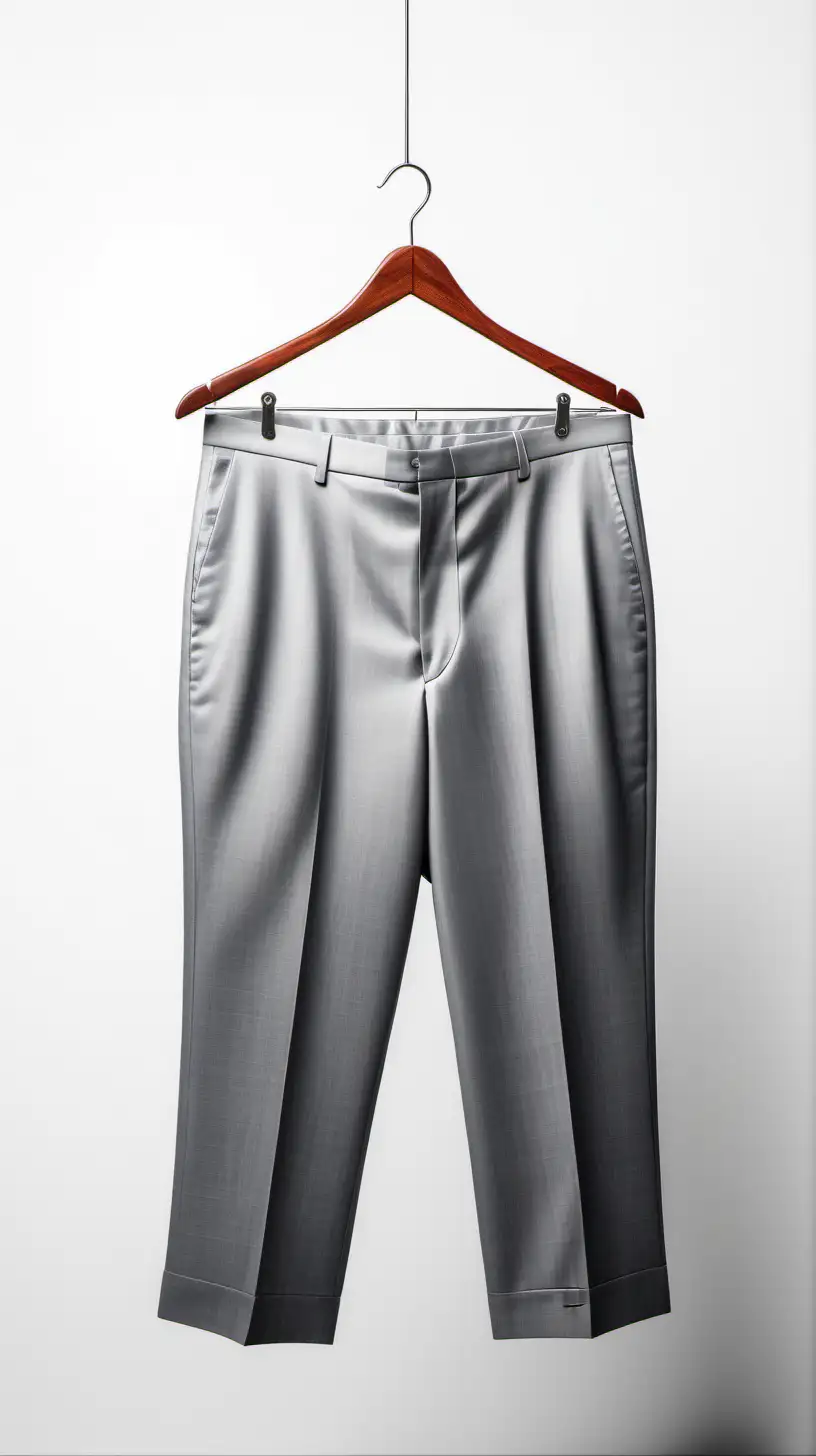 Suit trouser hanging on a hanger, white background, ultra detailed