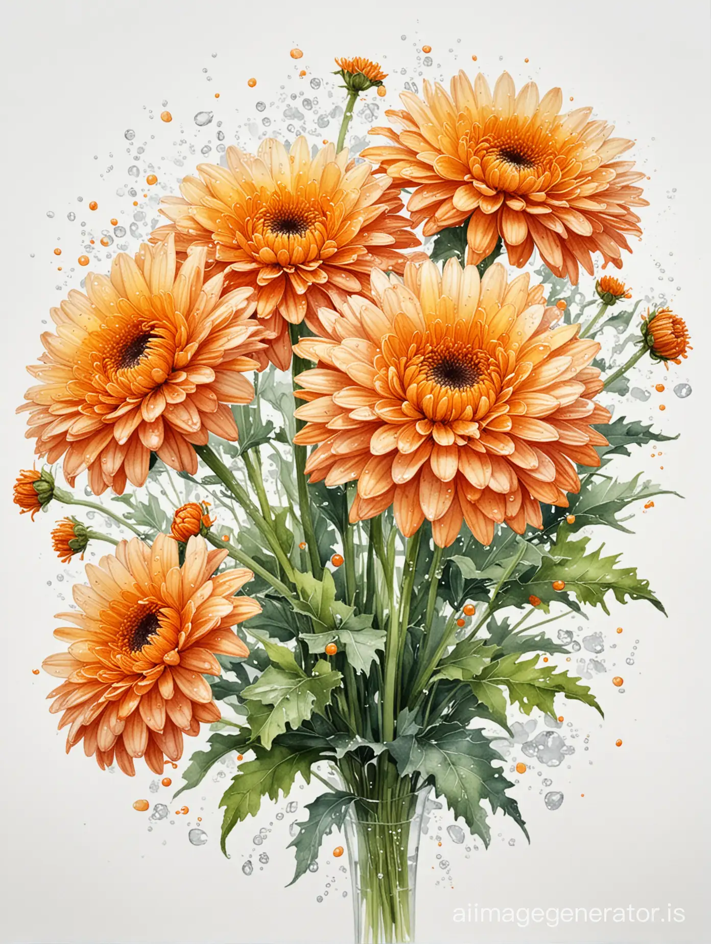 Watercolour. A gorgeous bouquet of orange terry chrysanthemums with transparent dew drops on a white background
