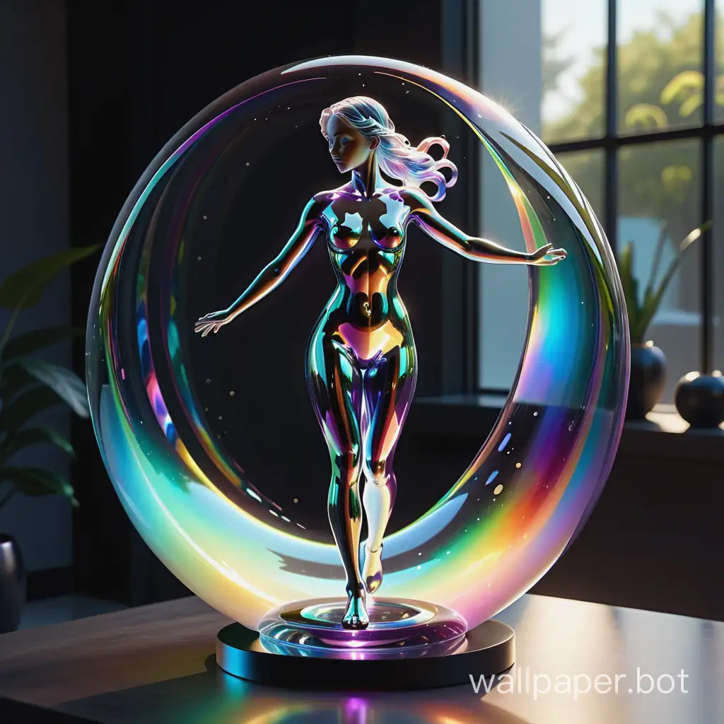 masterpiece, glassmorphism style, intricate glass sculpture of  girl, transparent glass   fitness body,  transparent with iridescent hues, catching and reflecting light,  inner lighting glowing softly from within, rainbow reflections  on nearby surfaces, elegant and modern design, sleek lines and curves, light refracting through the glass, creating a dreamy and magical ambiance.8k