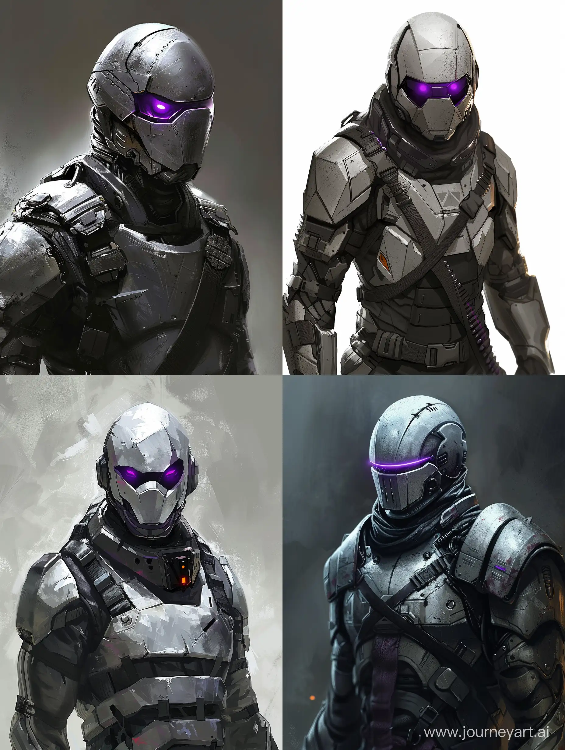 fantasy art, comics manga style, Character concept art, shradder armor, purple eyes silver tactical suit, dark sci fi mask