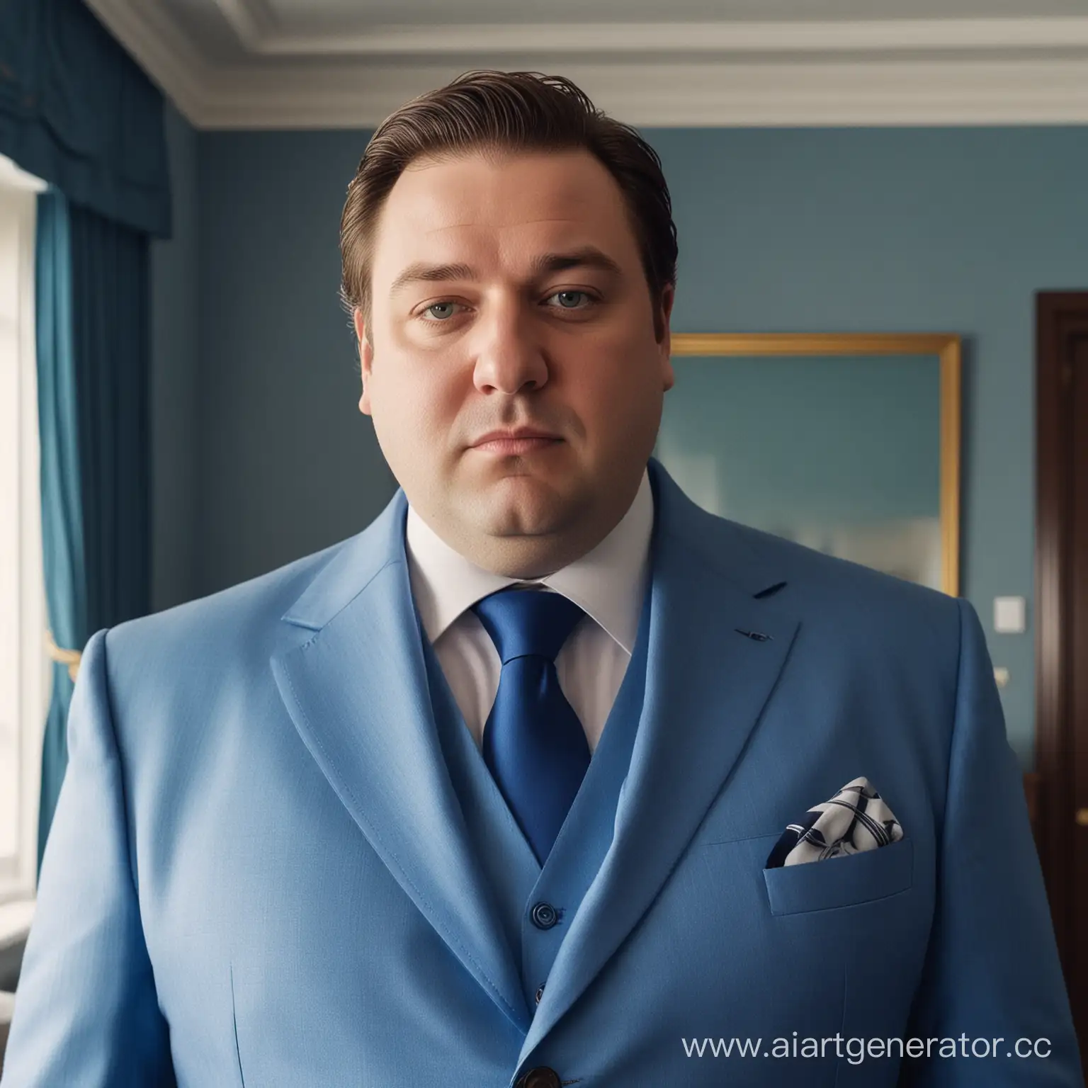 Толстый и богатый мужчина в богатом доме, в синем деловом костюме, бритый без бороды с обычным лицом. Который находится близко к камере 