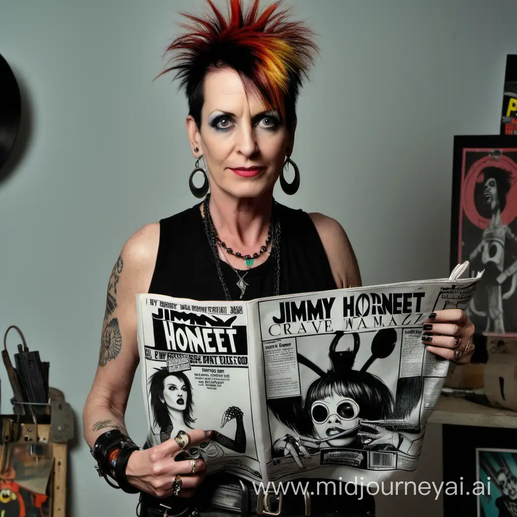 punky woman, 45 years old, in a creative studio, holding Jimmy Hornet magazine