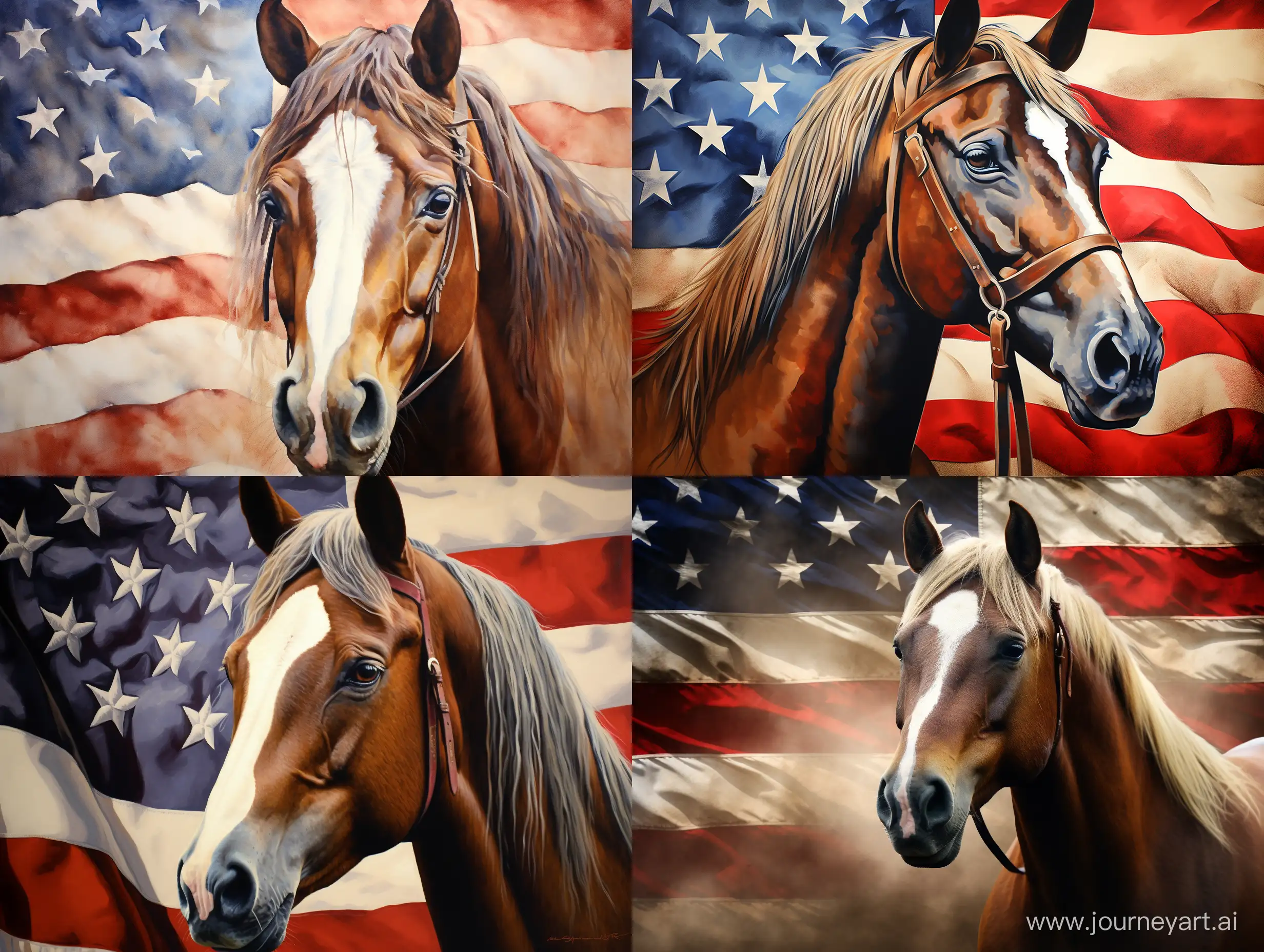 A patriotic horse in front of the America flag
