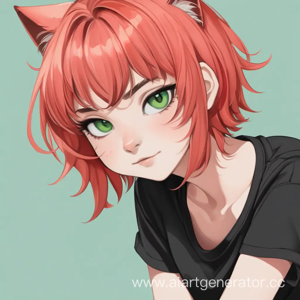 Teen-Cat-Girl-with-CoralRed-Hair-in-Black-TShirt