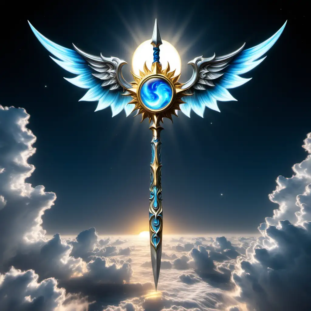 A luminous azure, silver, and gold spear with a sun and moon wings near its wavy tip.  A decoration of clouds rests just beneath the transition.  Its shaft narrows in the middle.