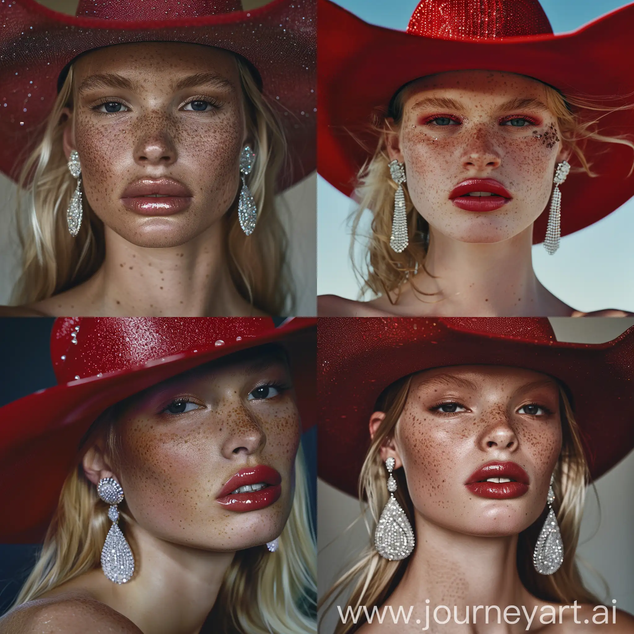 Blonde-Japanese-Model-in-90s-Aesthetic-Red-Cowboy-Hat-and-Diamond-Earrings