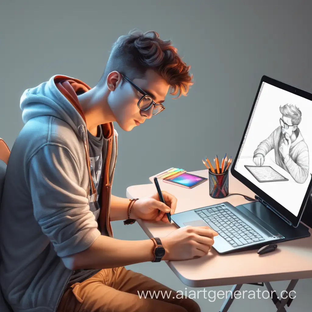 Парень занимается диджитал рисованием, держит в руках графический планшет,  сидит за ноутбуком
