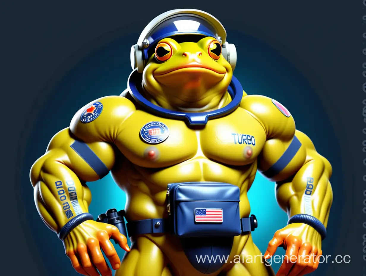 yellow frog brutal brutal and big muscles policeman in a spacesuit and helmet. turbo inscription