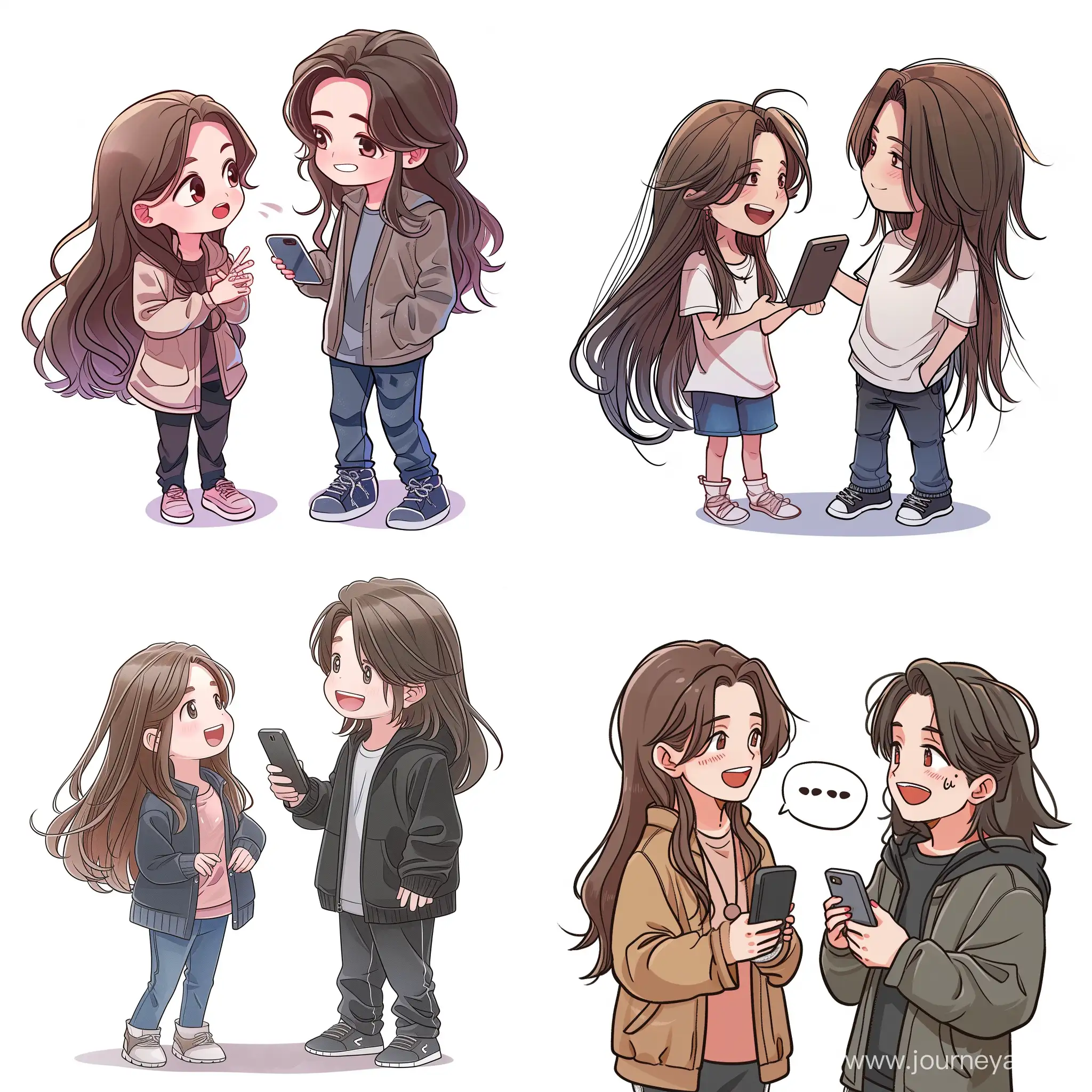 slightly chibi style, a boy and a girl talking cheerfully with each others, the boy hold a smartphone in his hand, best quality, the boy has long hair --v 6