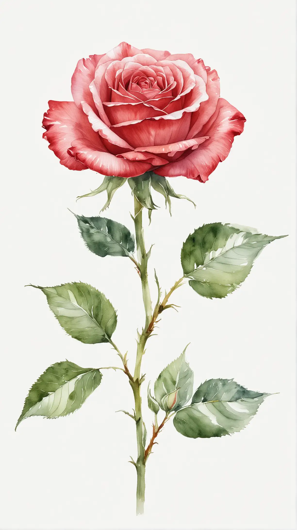 Single Red Rose on White Background in Watercolor Style