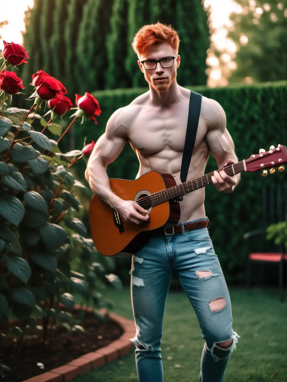 Handsome redhead man glasses stubbles shirtless short hair torn jeans muscular playing guitar rose garden dawn looking at the viewer 