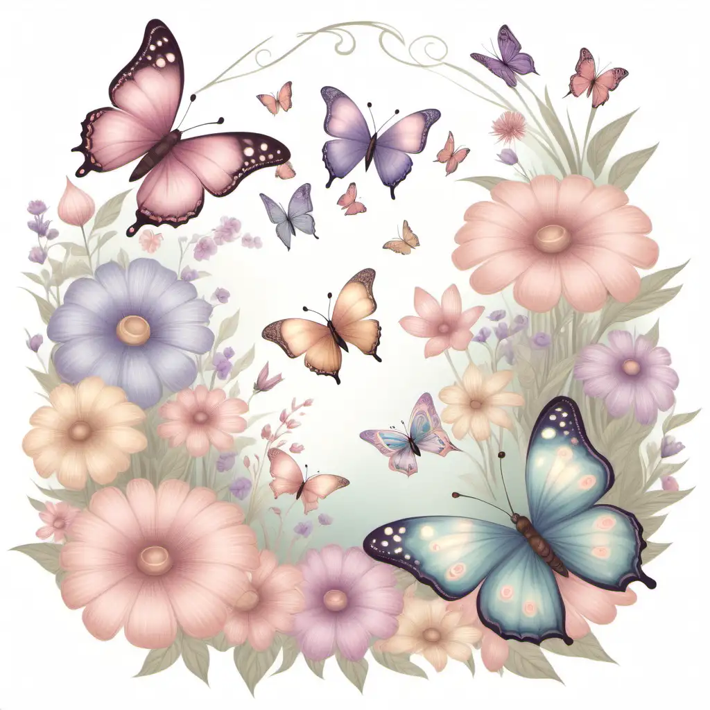 Enchanting Whimsical Flower Scene with Butterflies in Soft Pastel Hues