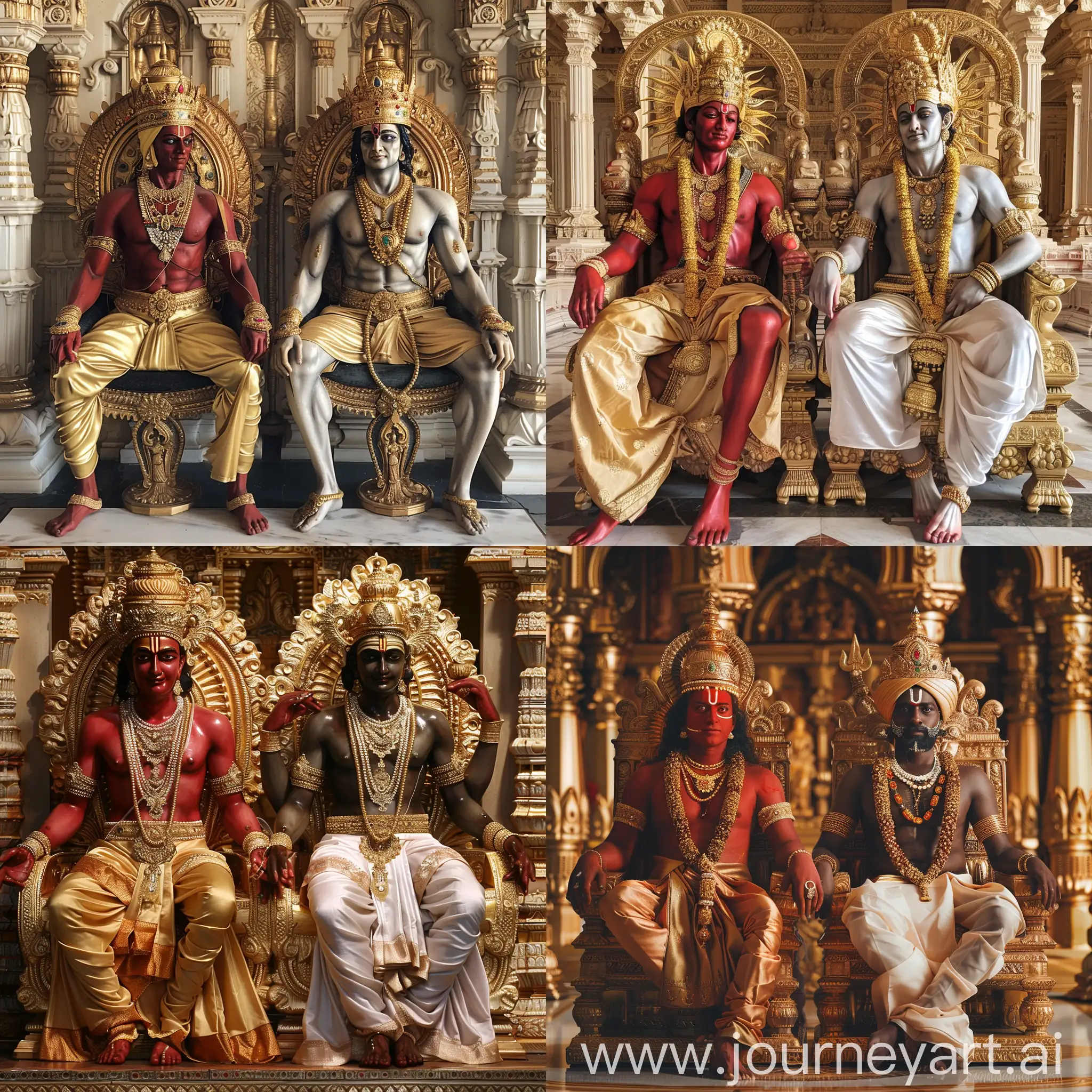 Two Hindu gods are sitting on their imperial thrones next to each other:

At left, there is the Sun god Surya in red skin, he has a golden Hindu crown, clothes and pants.

At right, there is the Moon god Chandra in dark white skin, he has a golden Hindu crown, clothes and pants.

They are both inside a splendid Hindu temple.