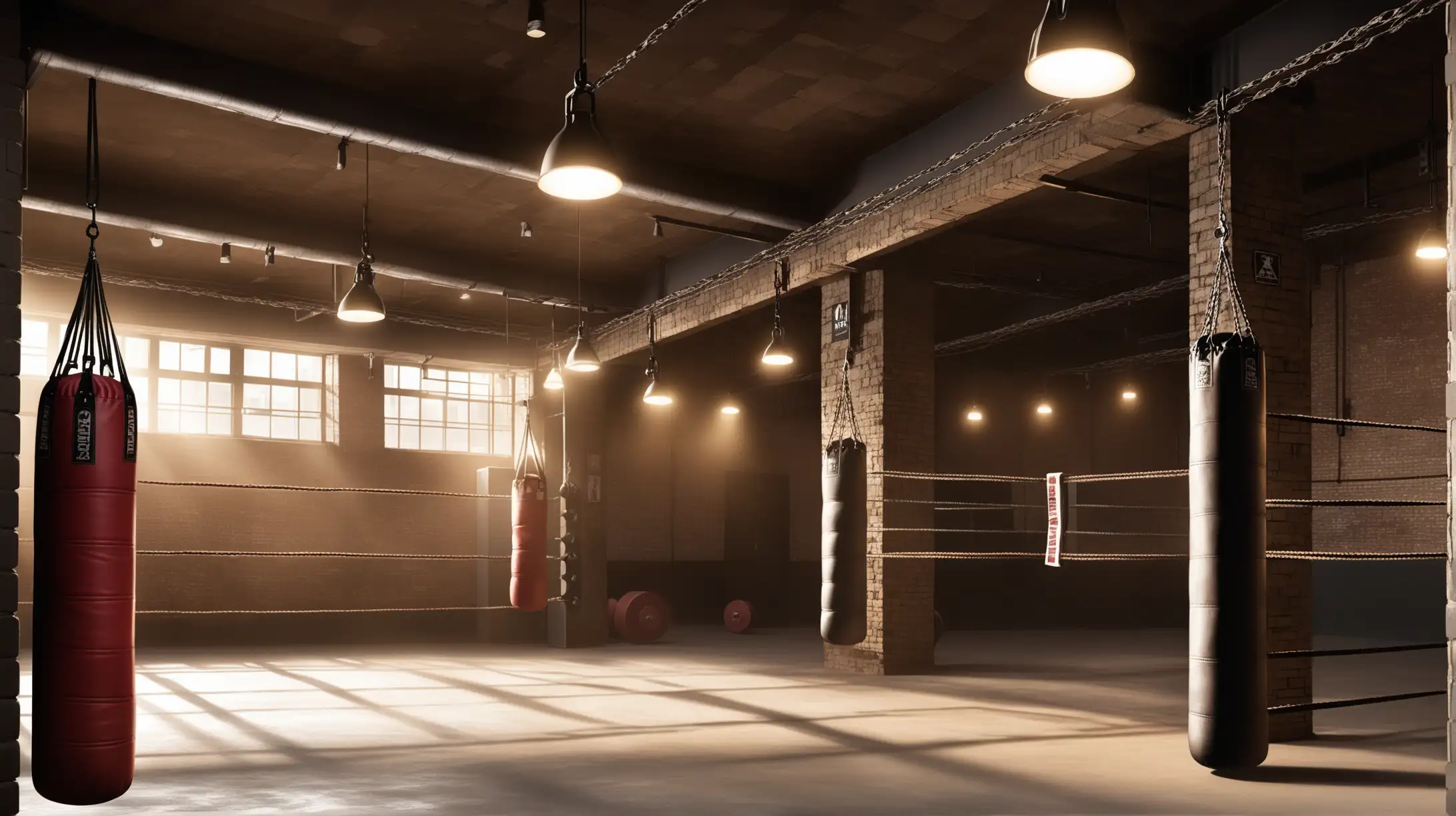 Rustic Urban Boxing Gym with Worn Equipment and Dim Lighting
