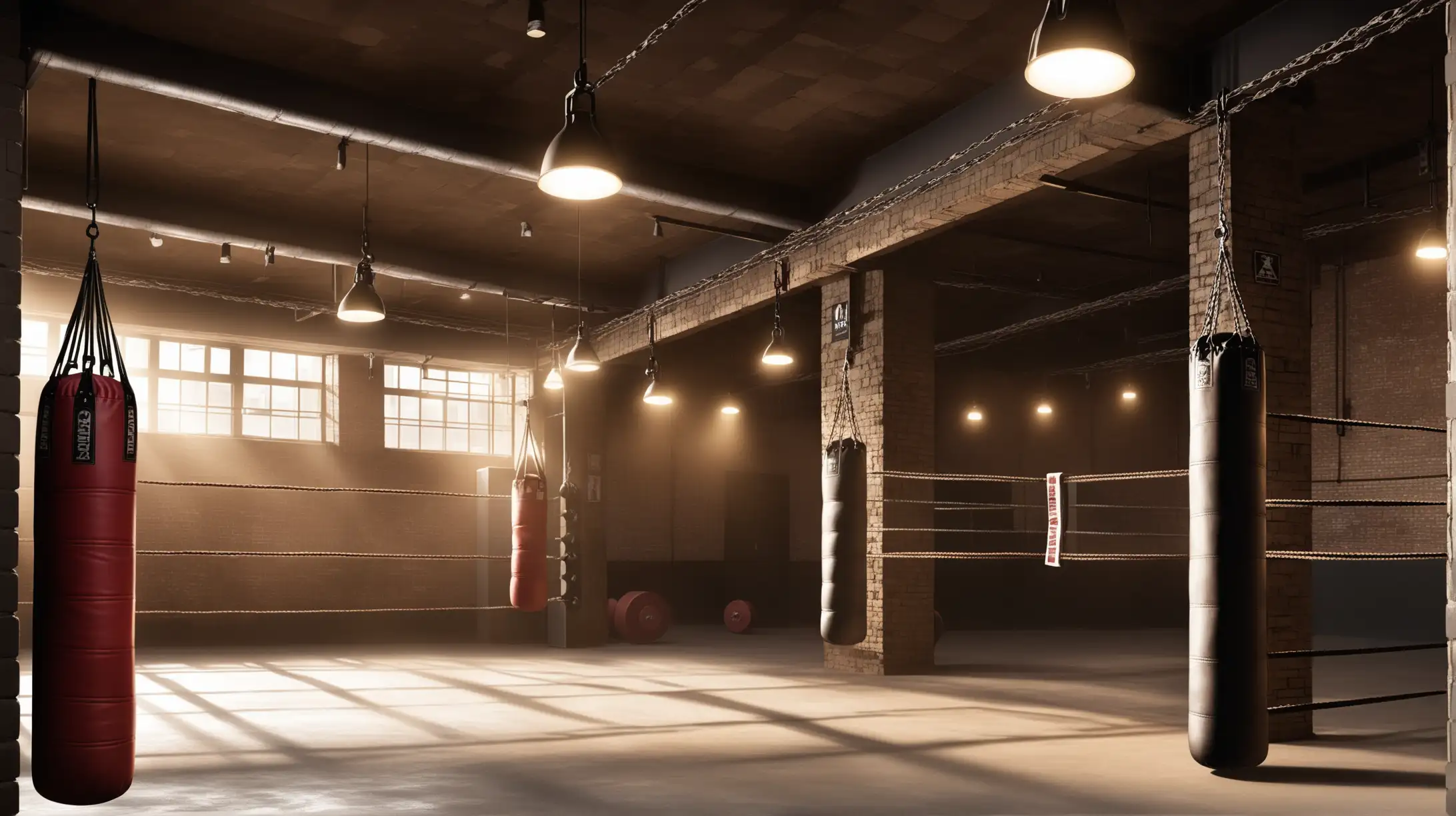 Plongez dans l'ambiance authentique d'une salle de sport de boxe urbaine. Imaginez une cave réaménagée en salle d'entraînement, avec des murs de briques bruts et un sol en béton marqué par l'usure du temps. Au centre de la pièce, un ring de boxe rustique, entouré de cordes usées et de coins légèrement érodés. Des sacs de frappe suspendus aux poutres métalliques, des haltères et des sacs de sable jonchent le sol, témoignant de l'intensité des entraînements qui ont lieu ici. La lumière tamisée provenant de quelques ampoules suspendues crée une atmosphère mystérieuse et inspirante, où les boxeurs viennent se préparer pour affronter les défis à venir.