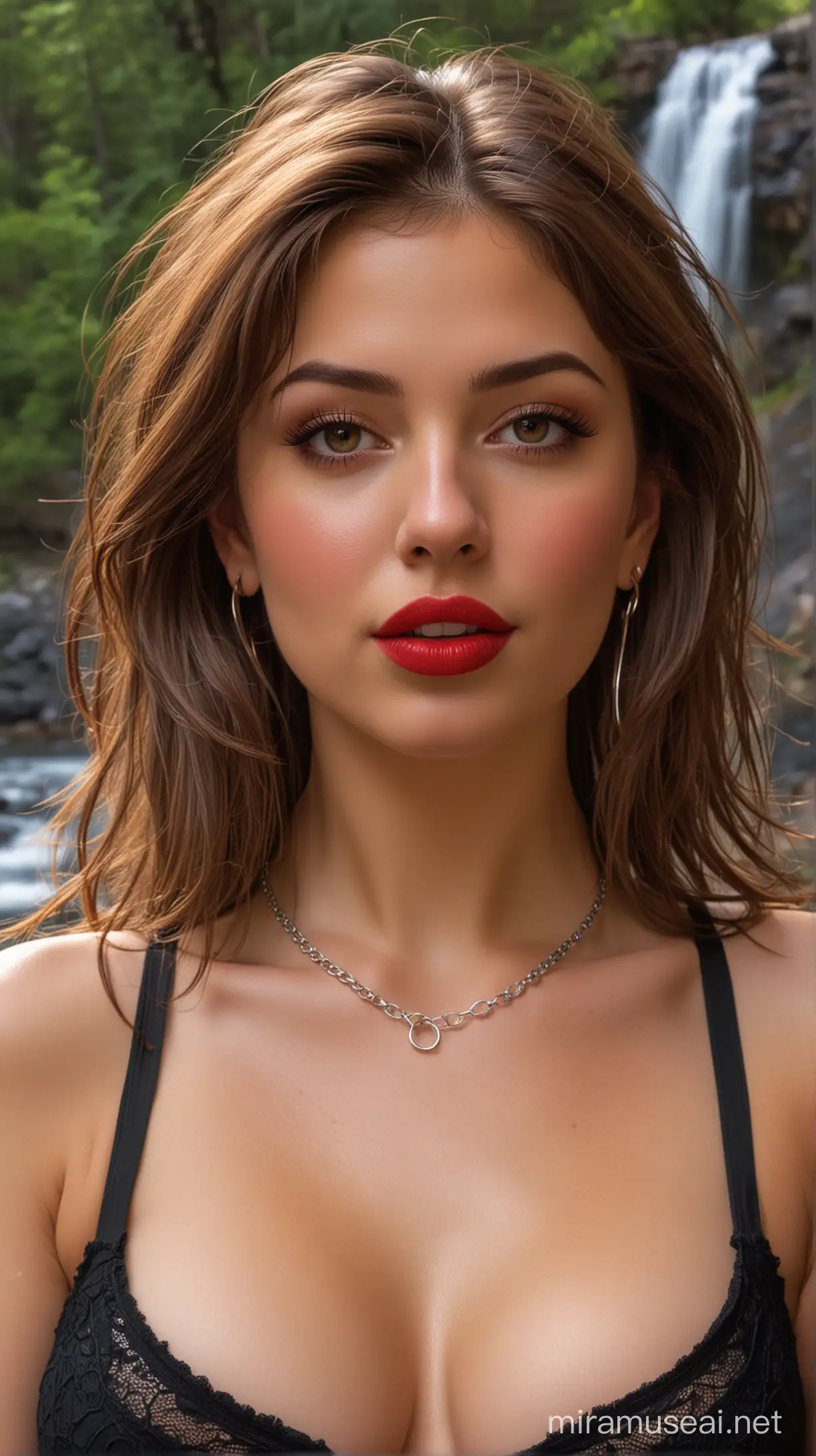 4k Ai art front view beautiful USA girl brown hair red lipstick nose ring ear rings black mini short and red shirt and beautiful bra big tits in usa Lower Reid Falls