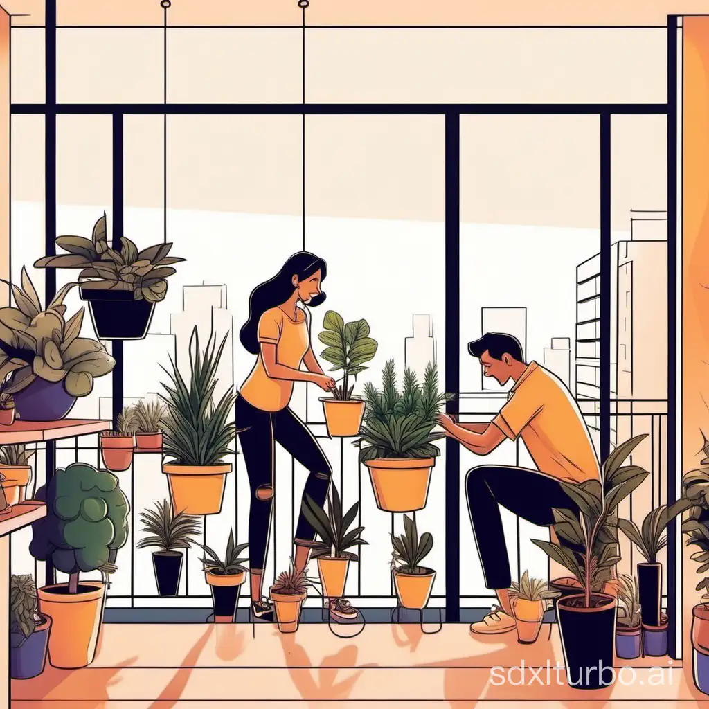 a couple, setting up plants in their balcony in their new apartment, cartoon style