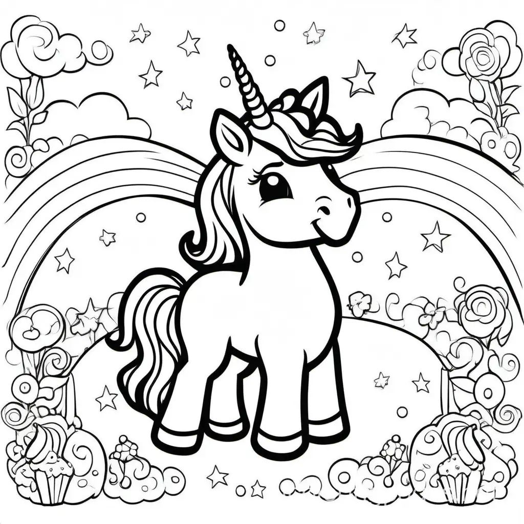 cartoon unicorn party, Coloring Page, black and white, line art, white background, Simplicity, Ample White Space. The background of the coloring page is plain white to make it easy for young children to color within the lines. The outlines of all the subjects are easy to distinguish, making it simple for kids to color without too much difficulty