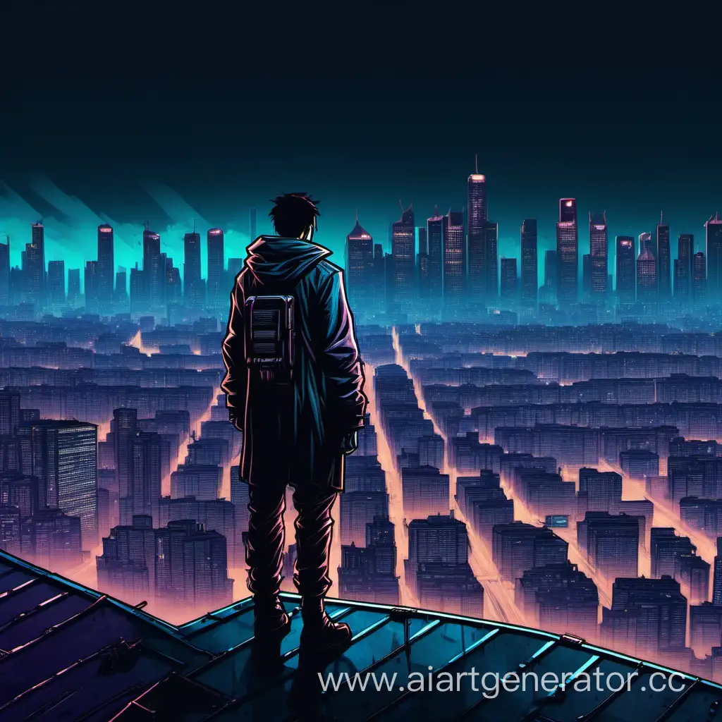 Человек стоящий на крыши, смотрящий на город , ночью, в стиле cyberpunk.