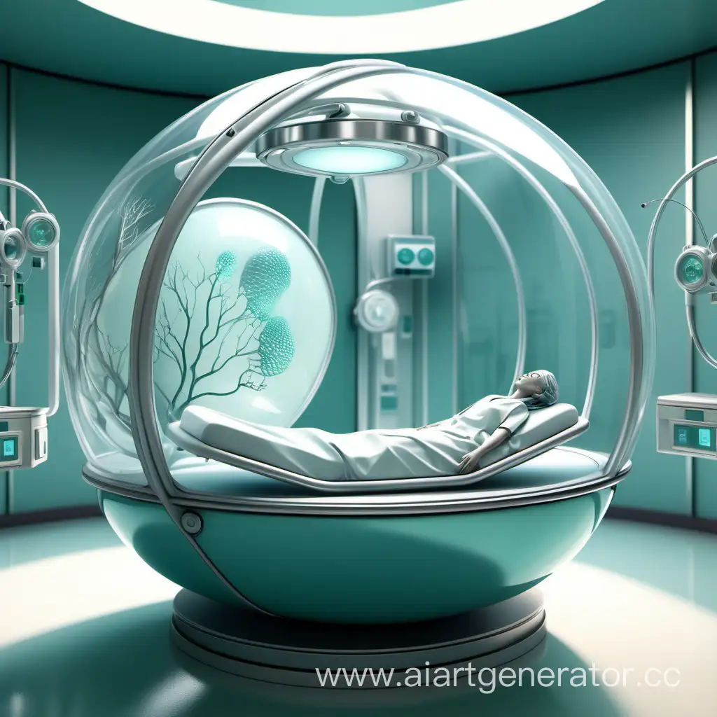 An advanced medical pod in a utopian hospital setting in healing teal and sterile silver, in the style of ray tracing, photorealistic detail, delicate constructions, organic nature-inspired forms, delicate sculptures, fluid, concept art, close-up shots, photorealistic 