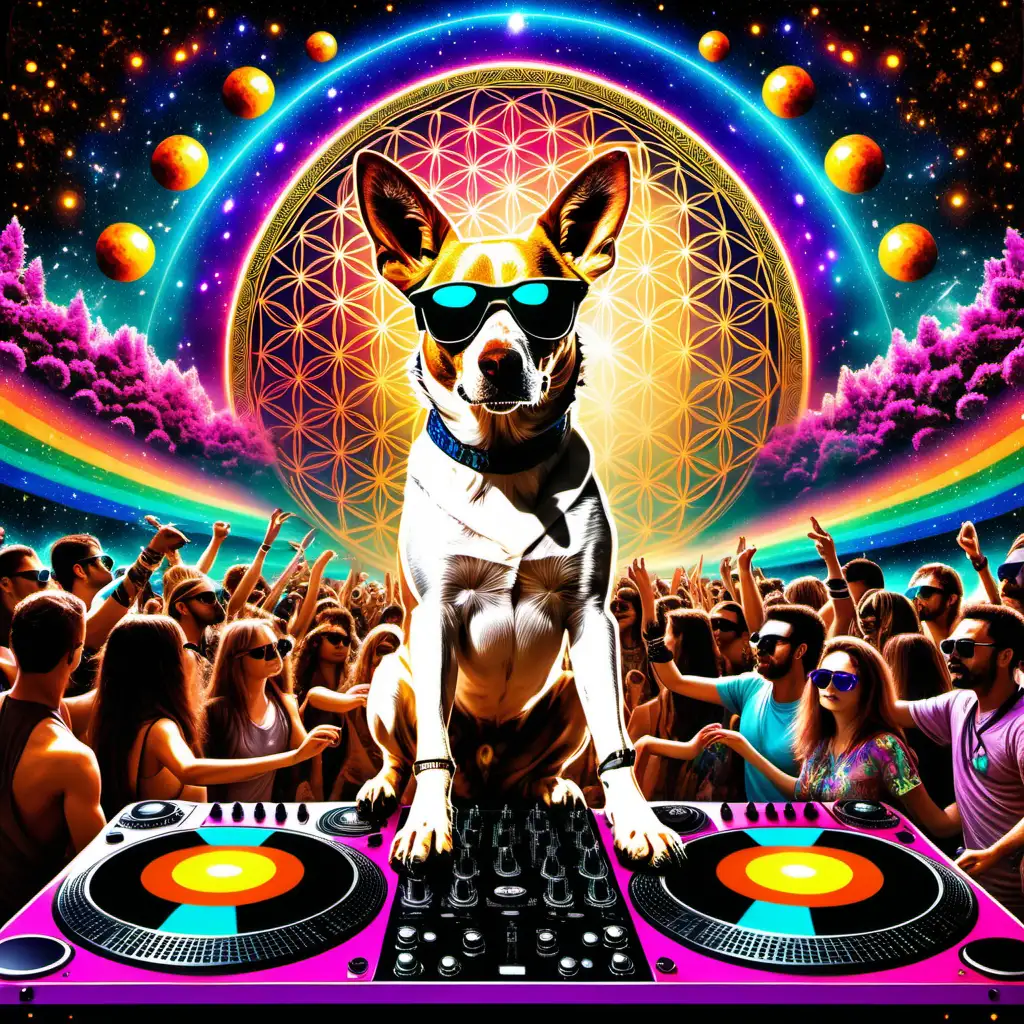  dj dog with sunglasses in the space with mandala and dancefloor full of people with flower of life background, party with dancing psychedelic crazy 
people on acid
