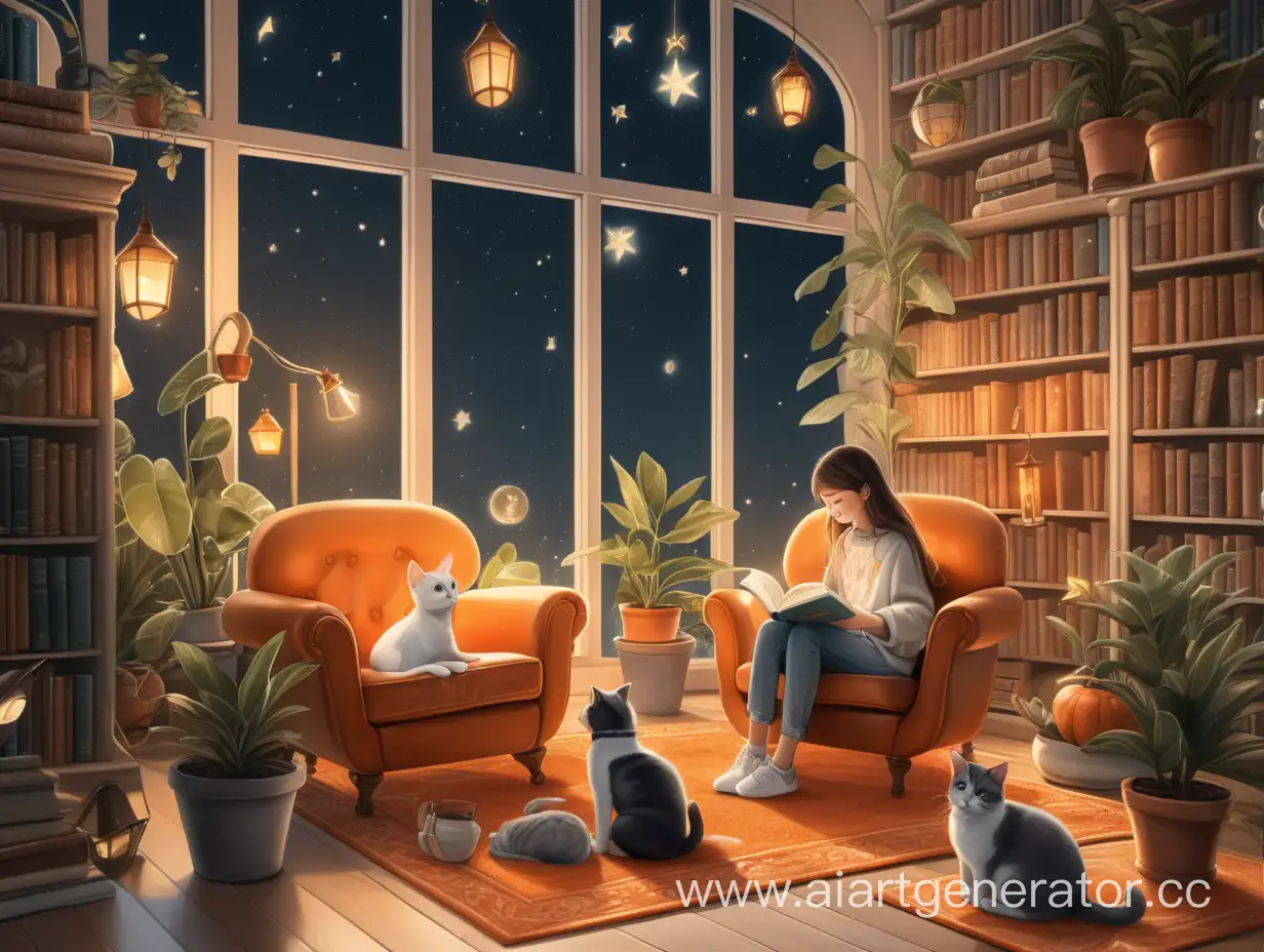 Всередині Бібліотеки з скляним дахом, гарна на обличчя дівчина читає в кріслі, ліхтарі, книжні шафи, книжки на підлозі, багато рослин в горщиках. Котик та собачка на оранжовому килимі. Тепла атмосфера. За вікнами ніч з зірками 