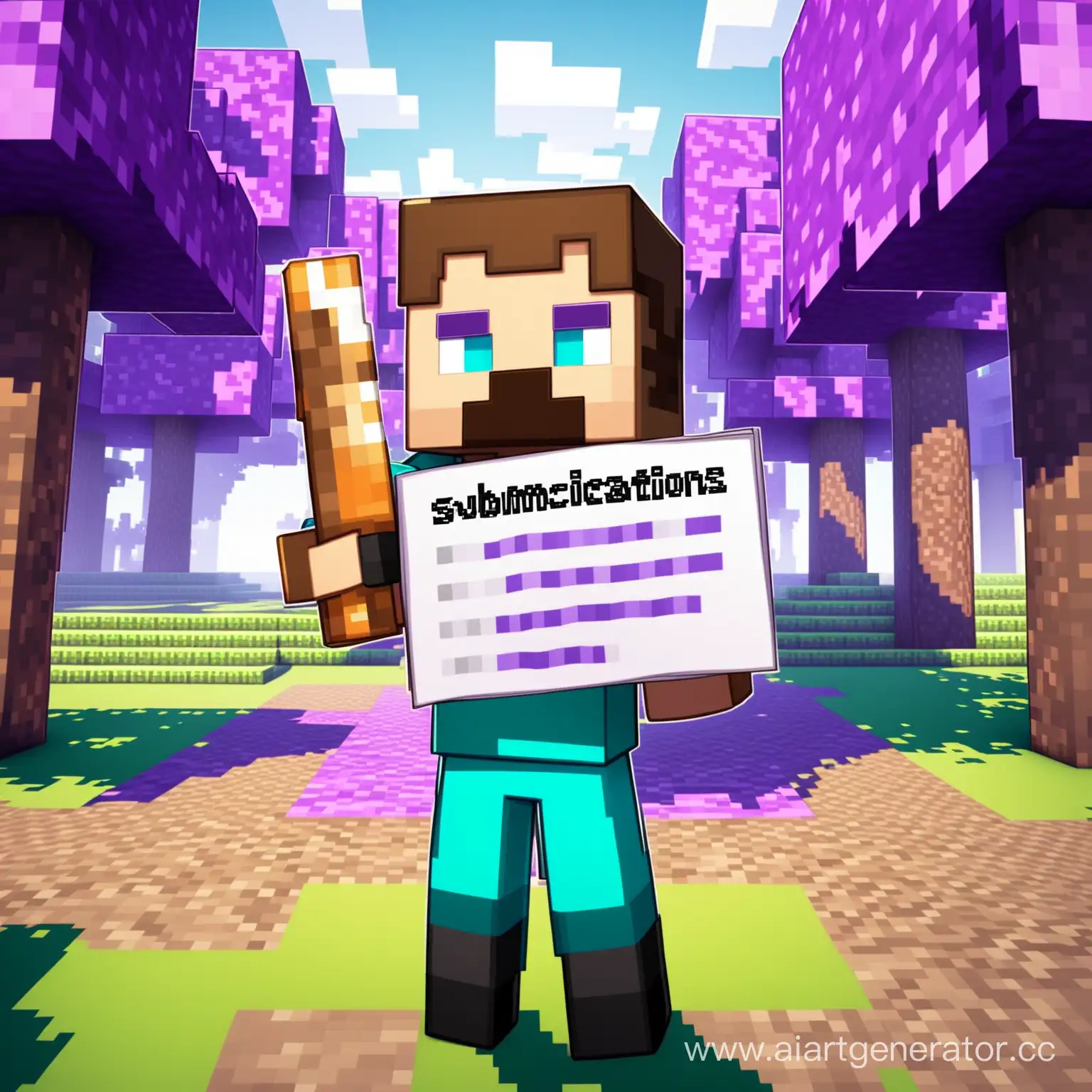 подача заявок, персонаж игры minecraft в полный рост держит лист с текстом, показывая его в камеру, на фоне фиолетовые деревья