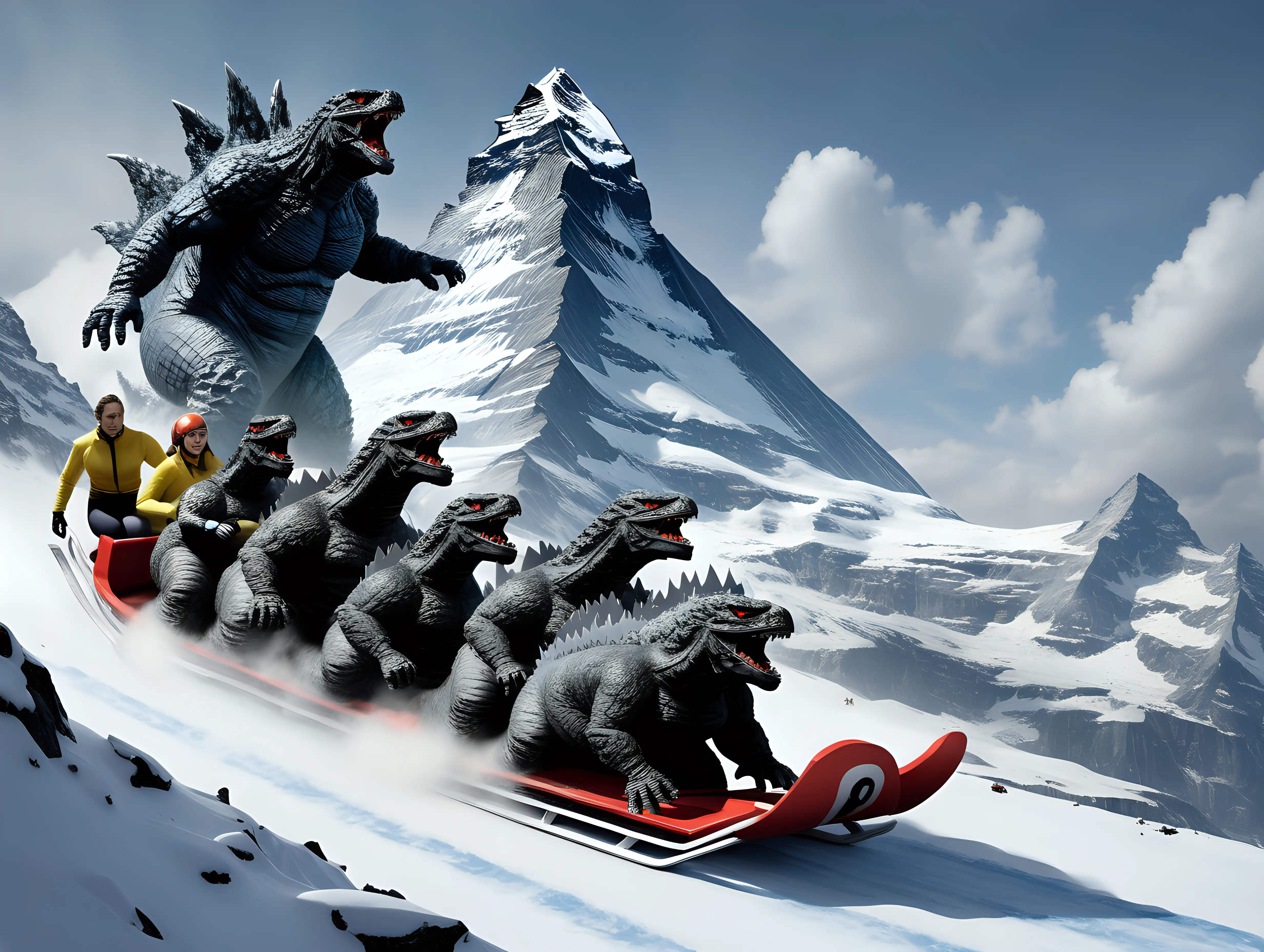 Monstrous Pursuit Godzilla Chases Swedish Bikini Team on Matterhorn Sled