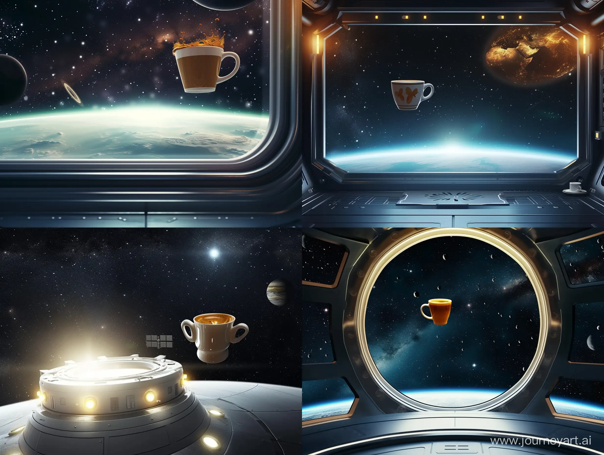 В невесомости, напротив элюминатора с видом на космос, летит кружка с кофе