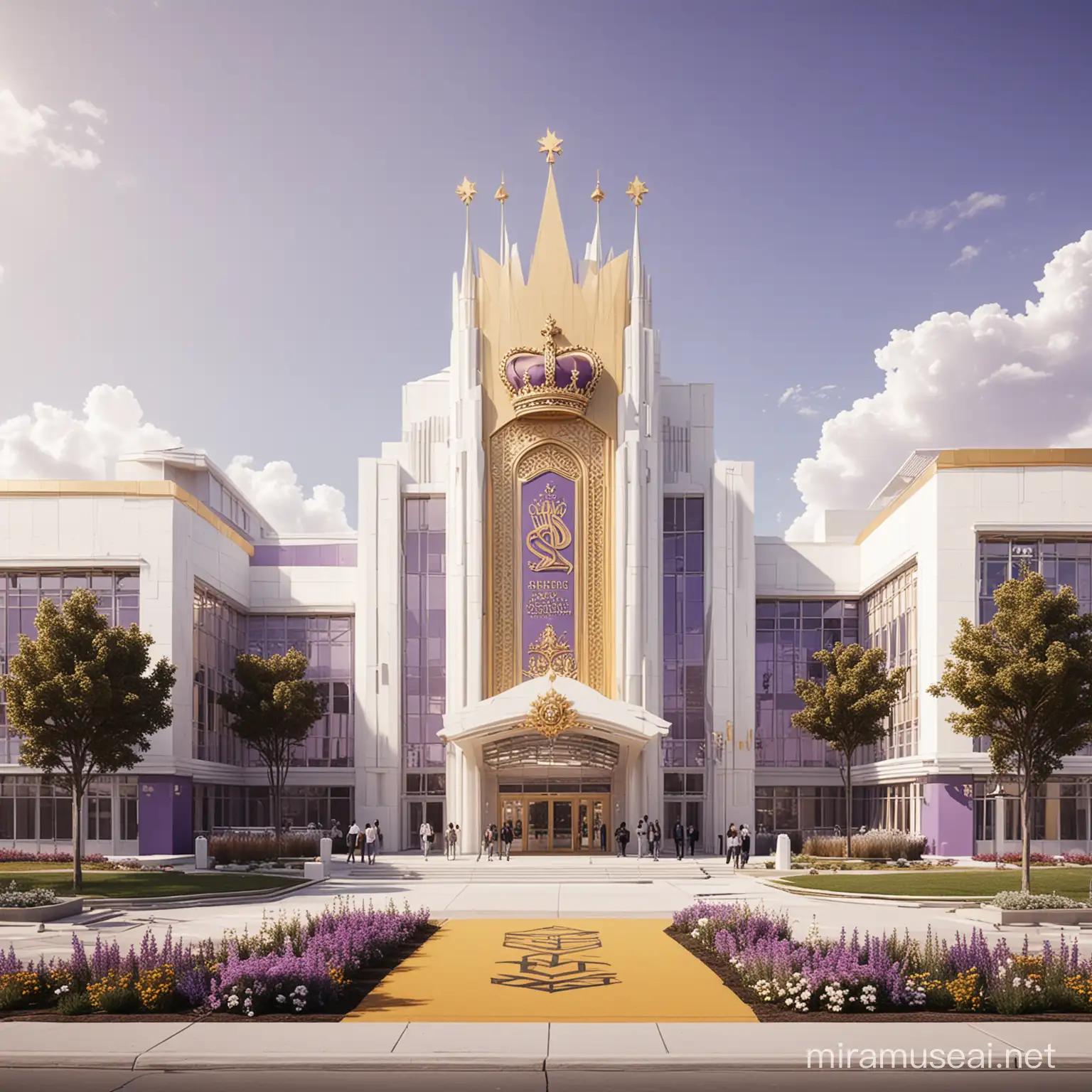 A futuristic high school with multiple white buildings, flowers and a sign with a royal crown design, with purple and gold accents.