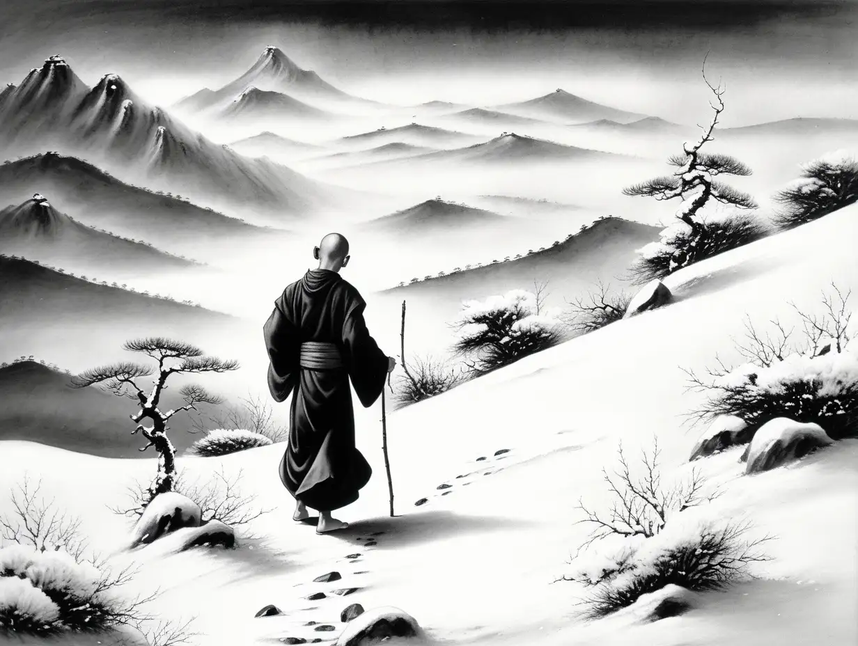 eastern ink painting in black and white a lone young monk hiking up a snowy mountain and finds a single flower