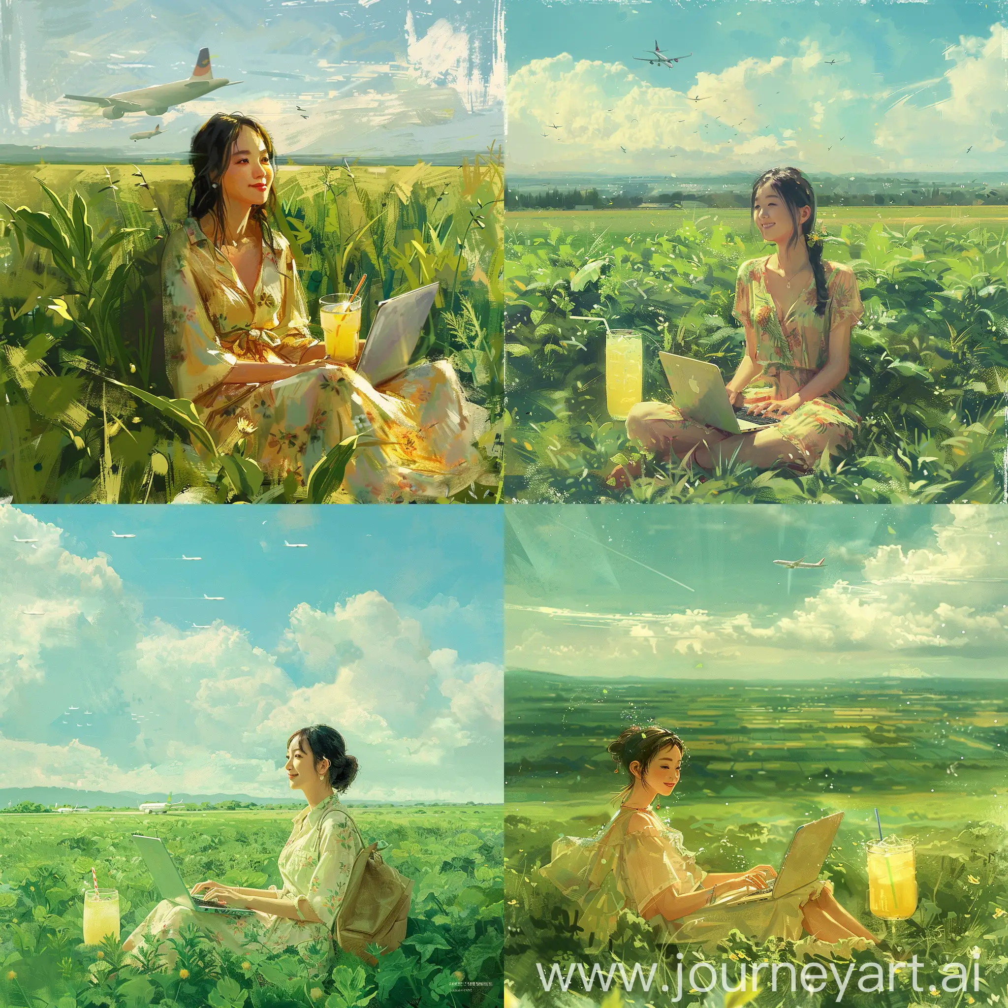 An Asian beauty is sitting in a vast field, surrounded by endless greenery. She's dressed in comfortable summer attire, engrossed in playing with her laptop. Next to her, there's a drink that looks very refreshing, possibly lemonade or iced tea. Her expression is relaxed and joyful, occasionally looking up to the sky to watch planes flying by, as if imagining her next travel destination. The entire scene is filled with the leisure of summer and anticipation for the future.