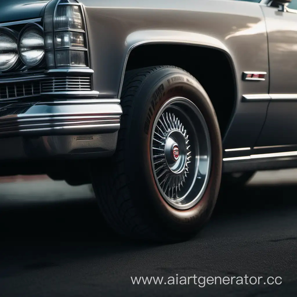 Analog style, cinematic lighting, soft light, close up shot of a grey coloured Cadillac showing one tire, shot with Canon EOS R6 Mark IV, photorealistic. 