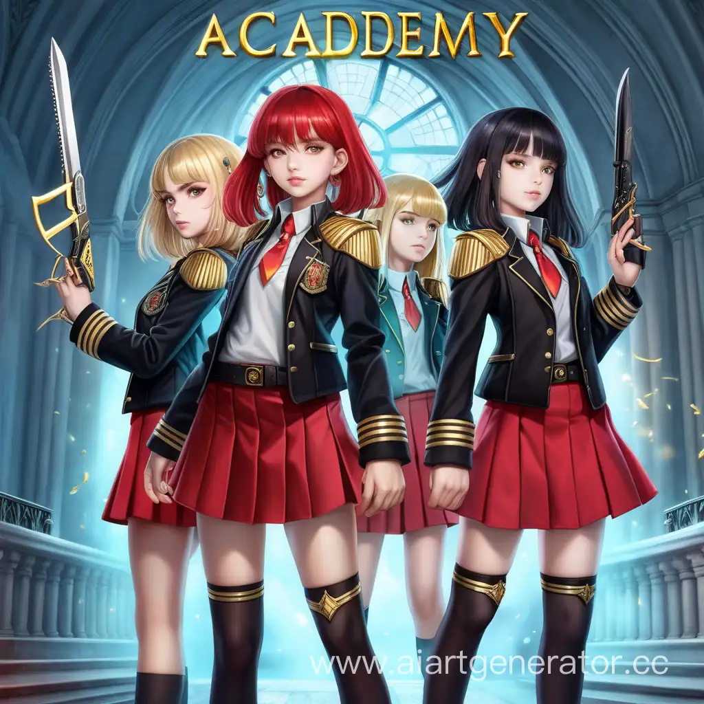 академия магии три девушки с разными лицами и цветом волос холодным оружием в форме красная юбка черный пиджак с золотыми эполетами обложка книги