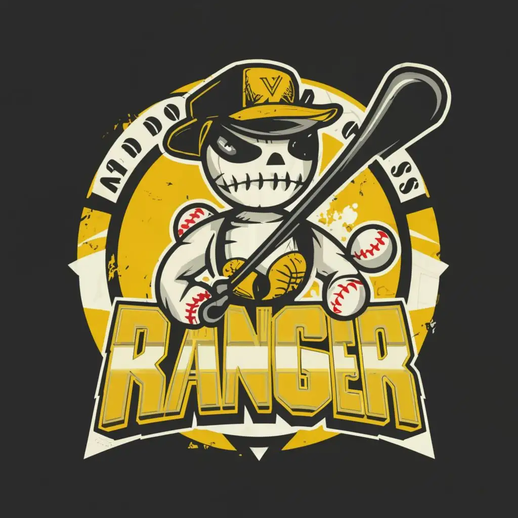a logo design,with the text 'Voodoo Ranger', main symbol:Voodoo doll wearing ranger hat holding baseball bat,Moderate, be used in Sports Fitness industry, clear background, black and yellow color 