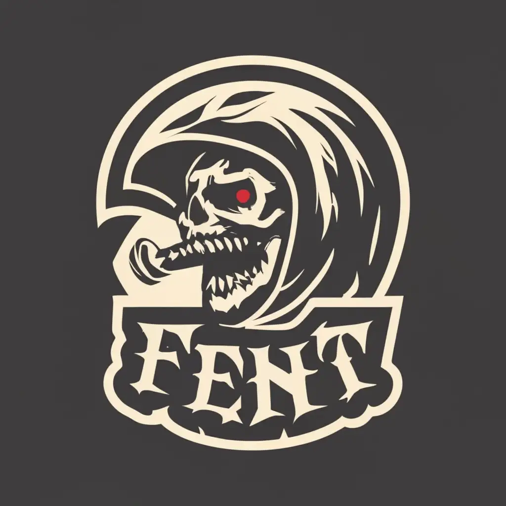 logo, esports logo, black grim reaper, grunge font, dark , black background, esports, with the text "FENT", typography