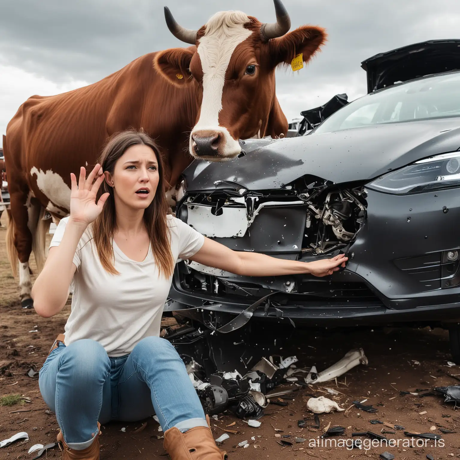 A big car crash with a Tesla crashing into a cow with the cow flying and car parts going everywhere. Show an attractive woman sitting in the drivers seat of the car while putting her head into her hands shaking her head in embarassment