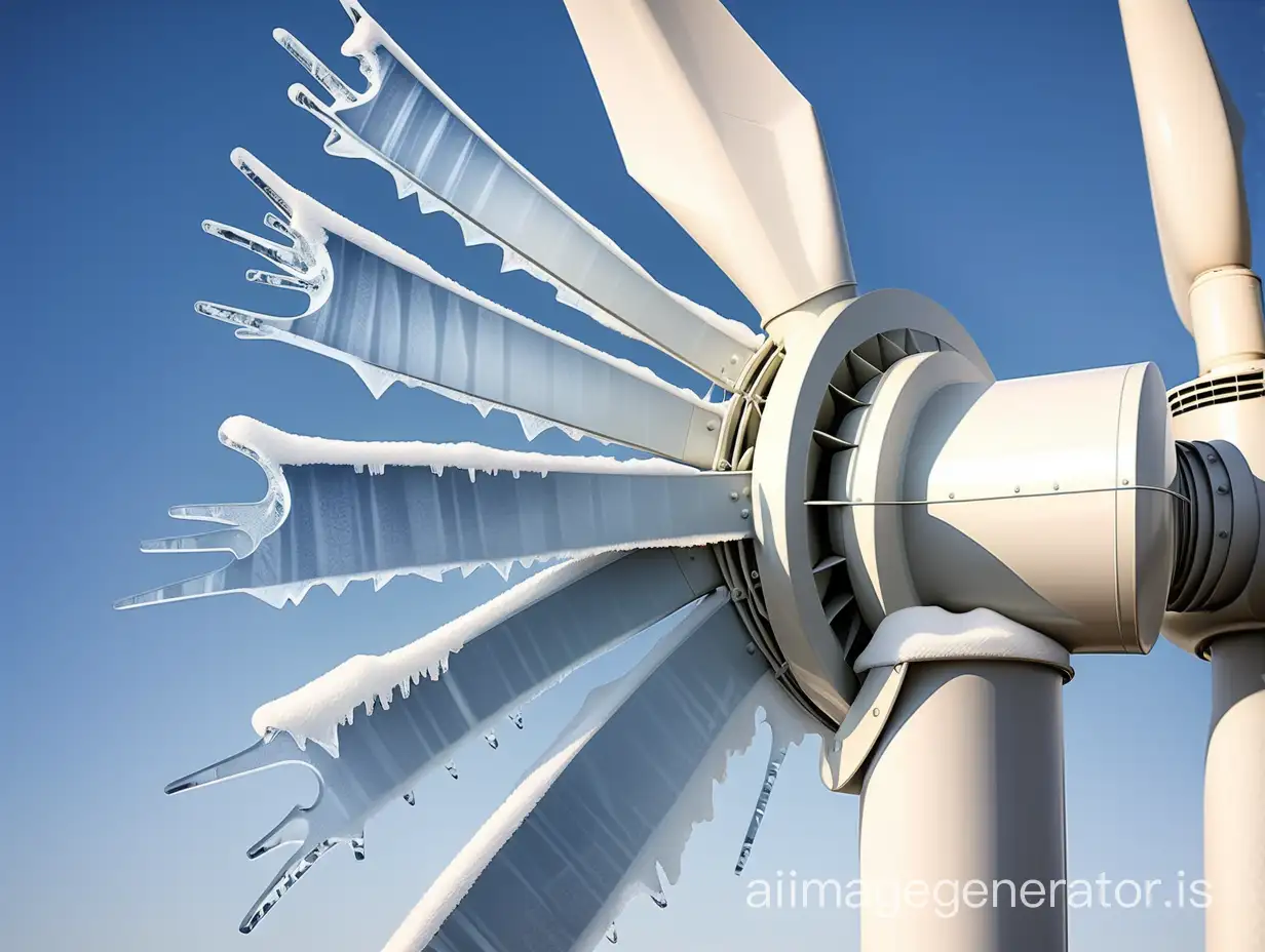 Blades of wind turbine, covered with ice