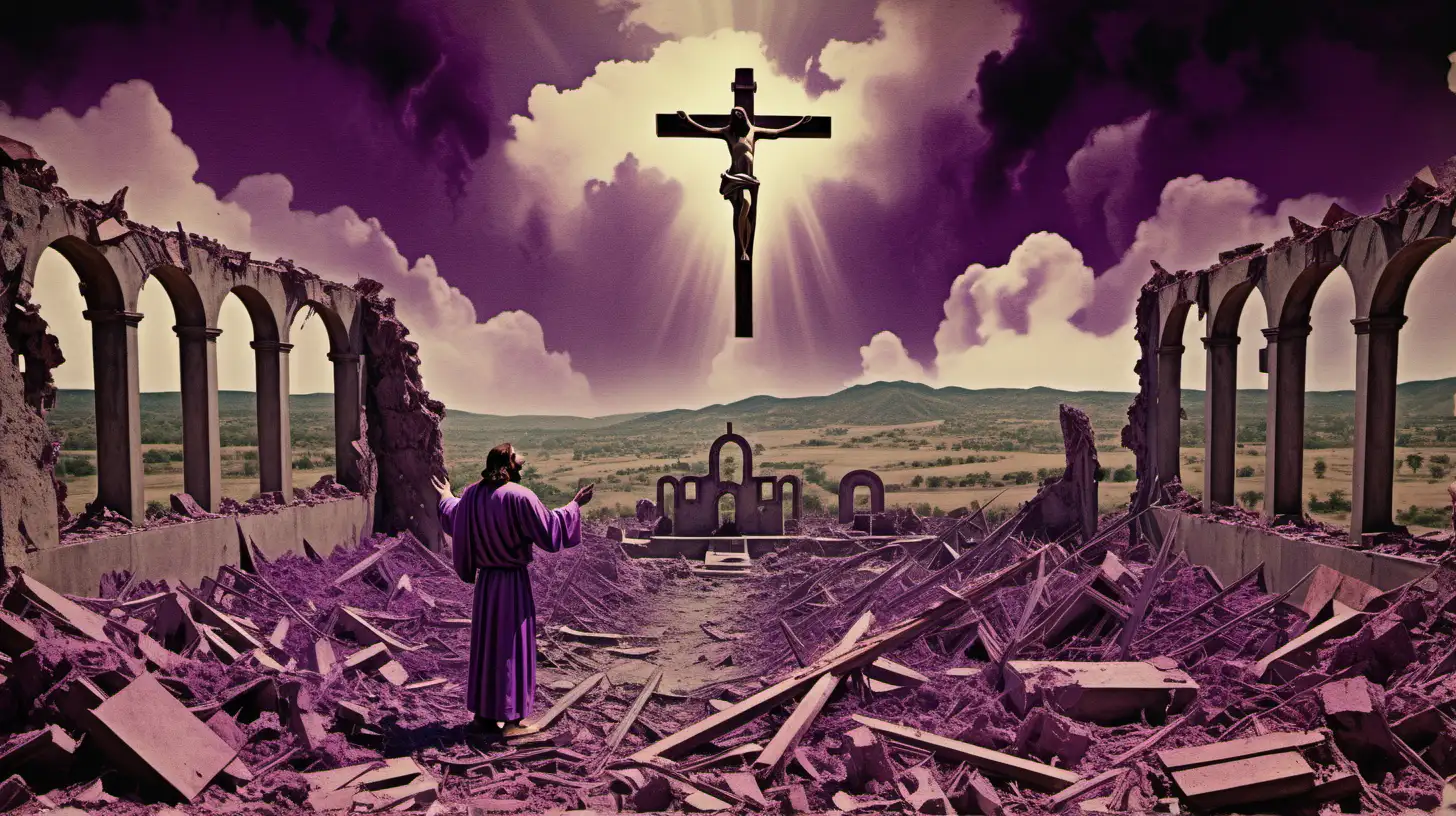 create an artistic revelation of Jesus Christ over a landscape destroyed by war. Vintage color purple
