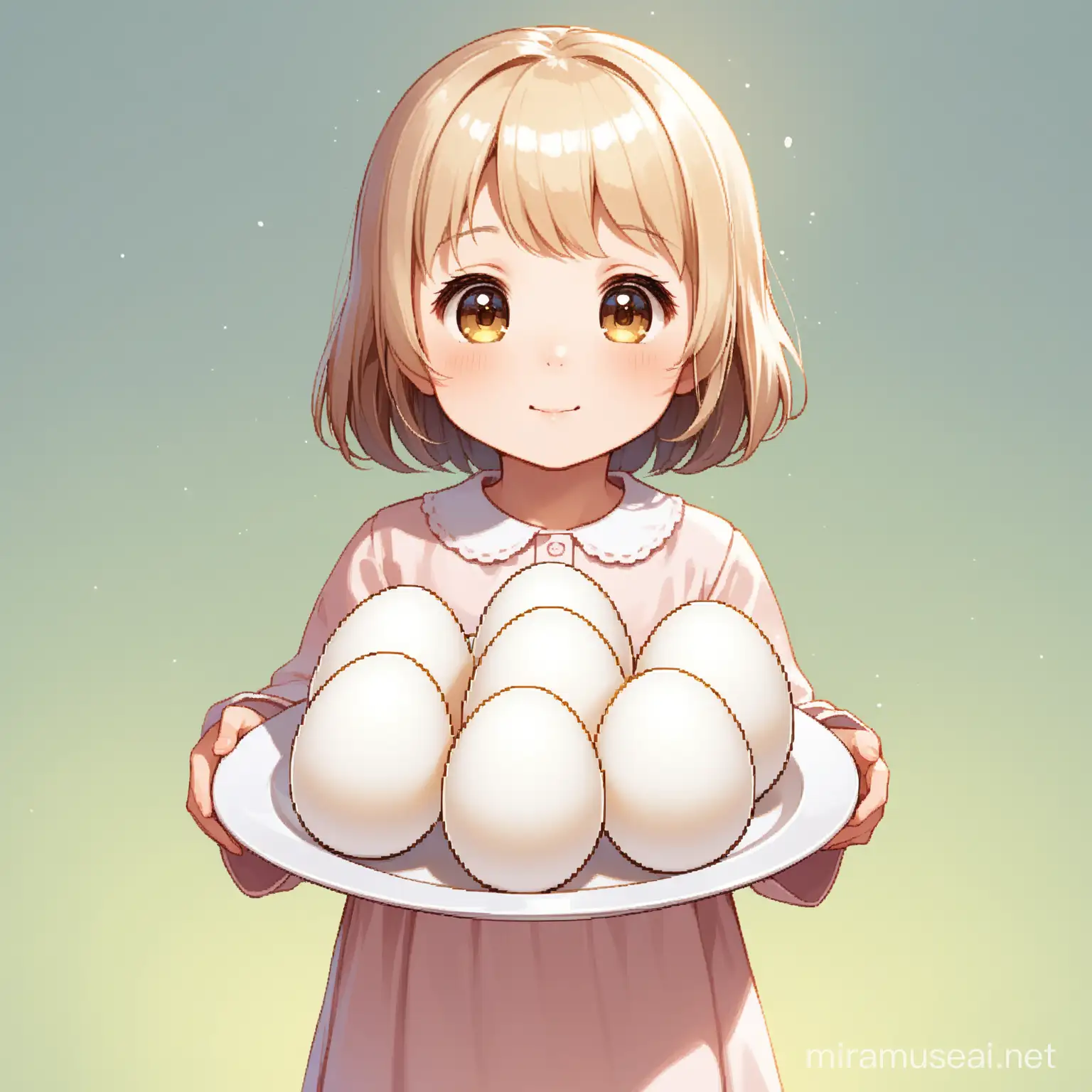 Generate animation picture of a small girl holding a plate of ten white eggs