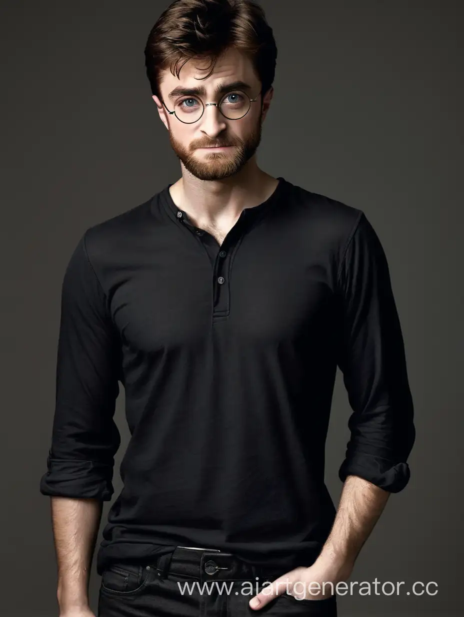 Гарри Поттер, серьезный, взрослый мужчина, черная рубашка, черные джинсы, короткая борода