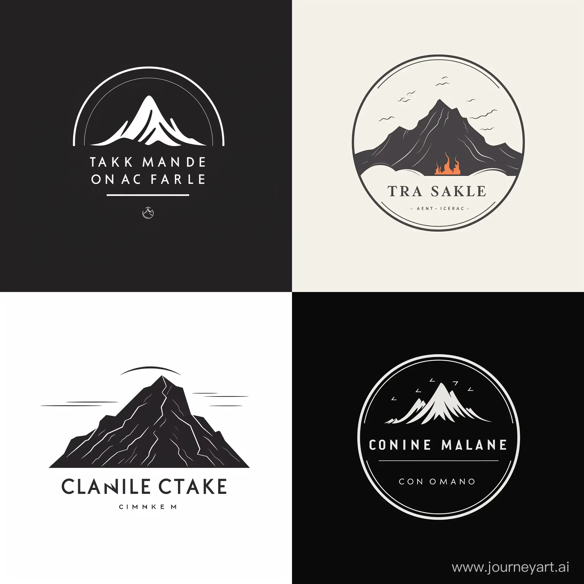 line art logo, minimal, mountain, a cafe in the bottom of the mountains. Let the smoke come out of the chimney of the cafe. logo should be black and white, but the smoke and the cafe should be some other colors