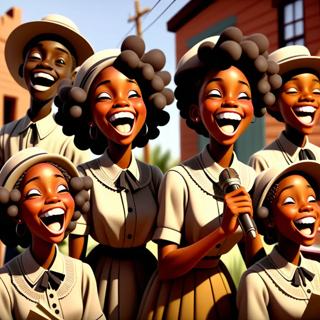 1900s cartoon style african american teens singing and smiling at juneteenth in new mexico