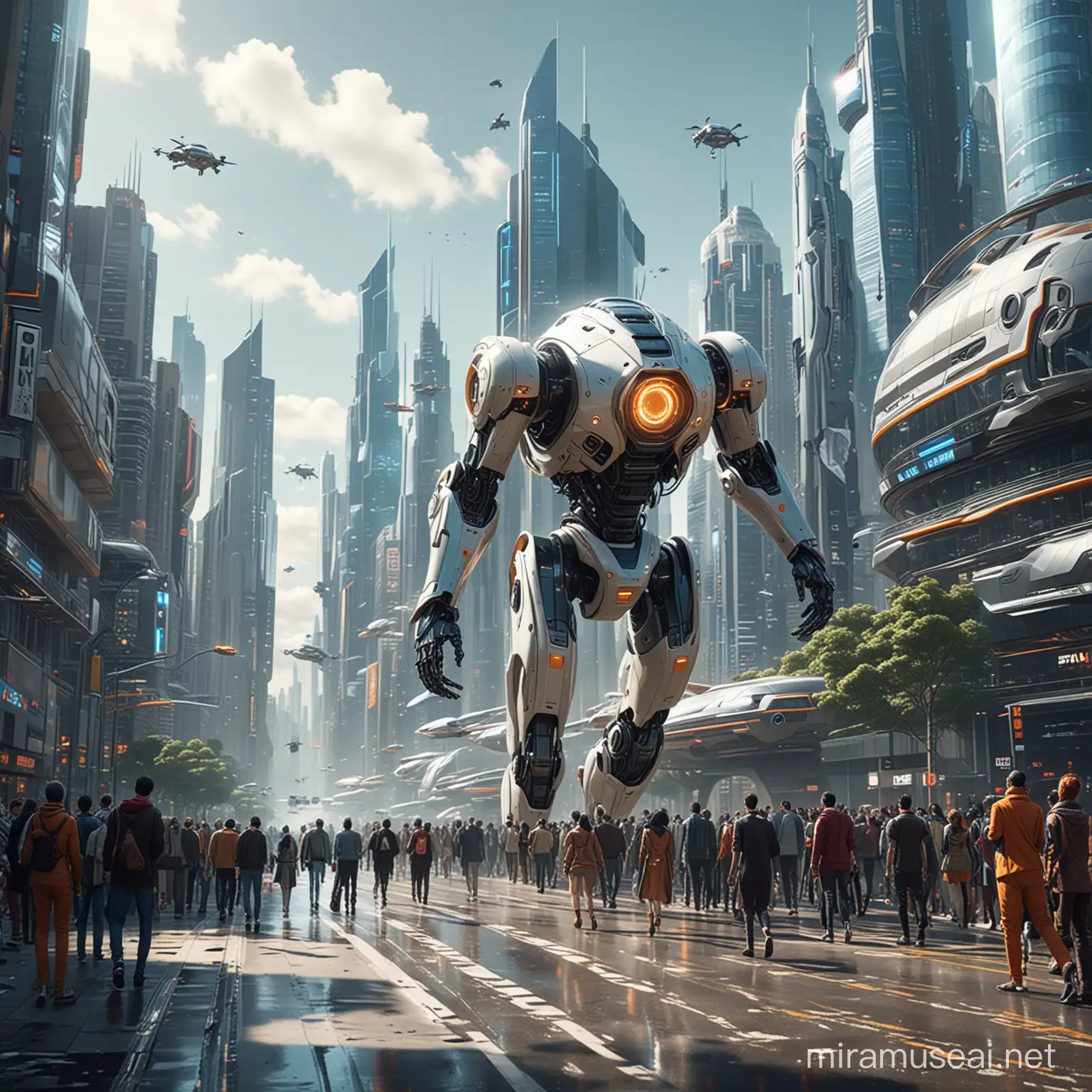 A futuristic cityscape in the year 3,000, with a diverse crowd of people and robots walking in front of a camera, to see their bodies and faces. The people are dressed in stylish high-tech attire, while the robots are of advanced humanoid design. The background shows imposing ultra-modern buildings with elegant curved designs and vibrant color schemes. Flying cars streak across the sky, adding dynamism to the scene. 3d render, cinematic
