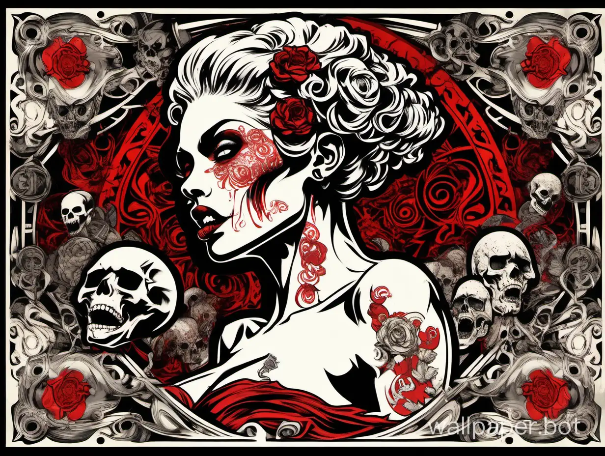 skull venus, burlesque odalisque, front head , sexy crazy face, open mouth with tongue, chaos ornamental, short hair, darkness, explosive hairstyle, assymetrical, chinese poster, torn poster edge, alphonse mucha hiperdetailed, highcontrast, black white red, dramatic tones, explosive dripping colors, sticker art