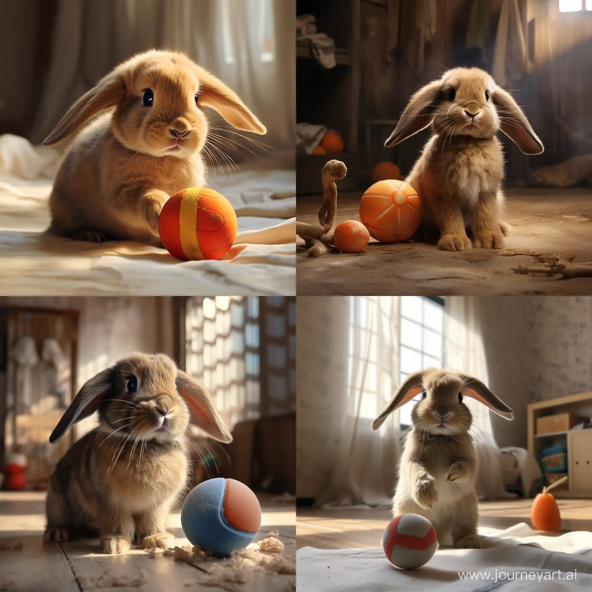A realistic picture, resembling a photograph, of an indoor pet rabbit with floppy ears, playing with a toy ball.