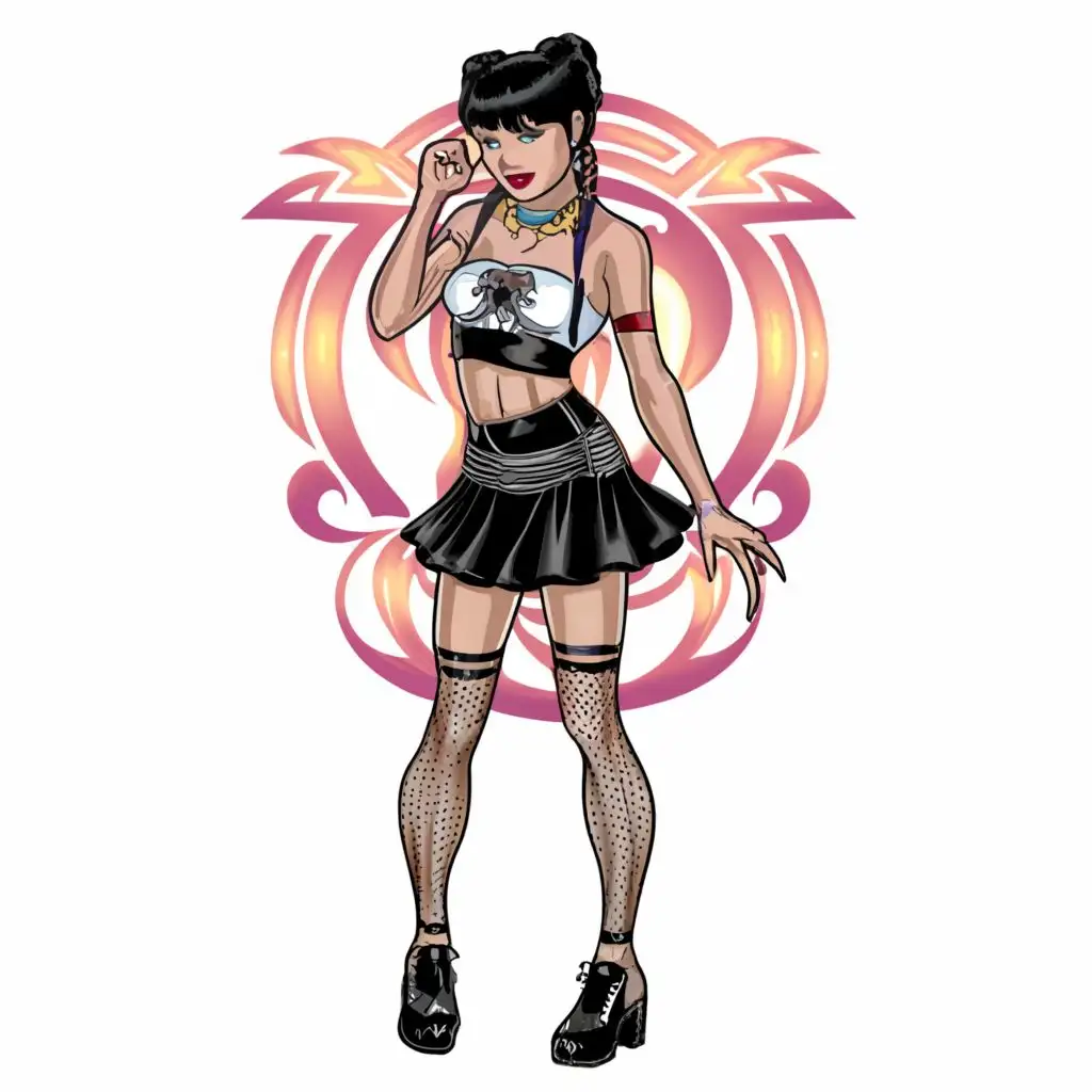 logo, logo vector, hyperdetailed airbrush full body portrait of young goth woman with black hair in ponytail wearing black and  mini skirt, crop top, and light gray nylon stockings above knees, black dancing shoes, sneer, goth vibe, Contour, Vector, White Background, highly Detailed, sharp outlined image, no jagged edges, vibrant colors, typography, with the text ".", typography