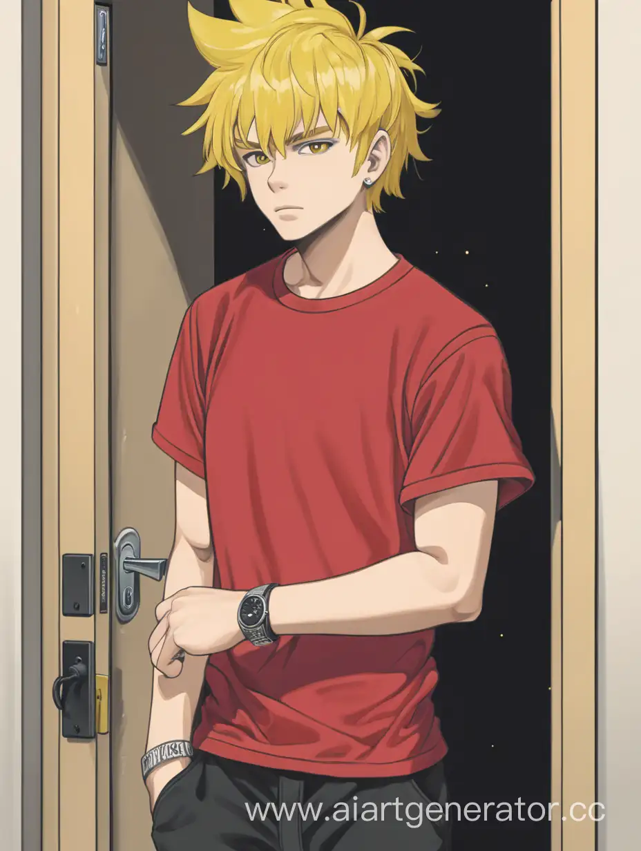 Парень с желтыми растрепанными волосами, в красной футболке, в черных брюках, стоит в дверном проёме