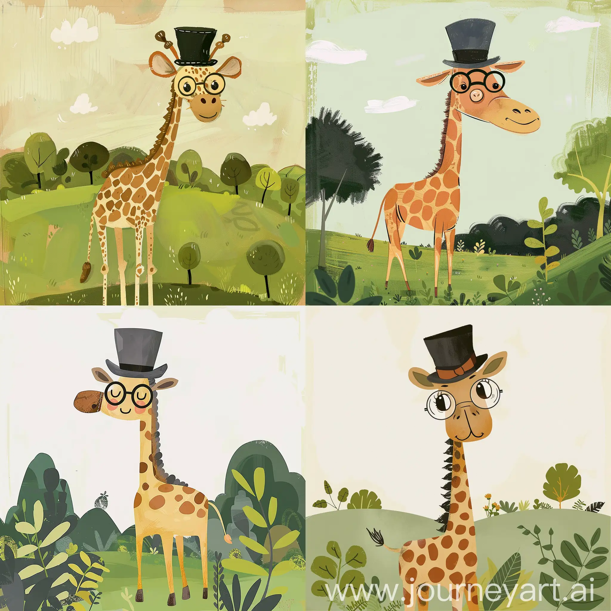 A delightful minimalist illustration of a charming giraffe wearing a top hat and round glasses. The giraffe is standing in a simple, lush green landscape, with a touch of whimsy and innocence in its expression. The overall aesthetic of the painting is clean, with a limited soft color palette, emphasizing the giraffe's adorable appearance and the playful atmosphere of the scene.